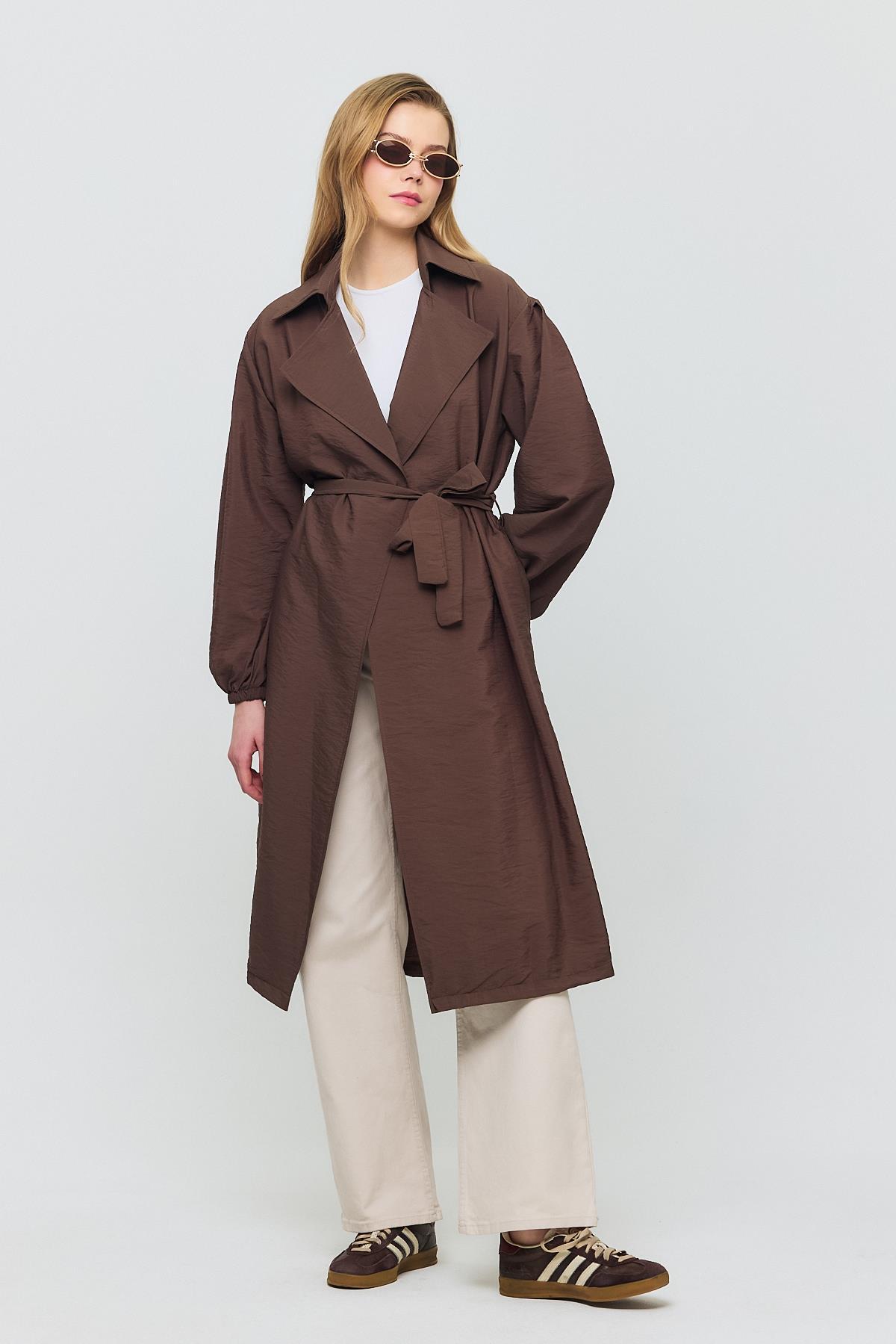 Kahve Kuşaklı Kol Lastikli Trençkot 4579A - 8