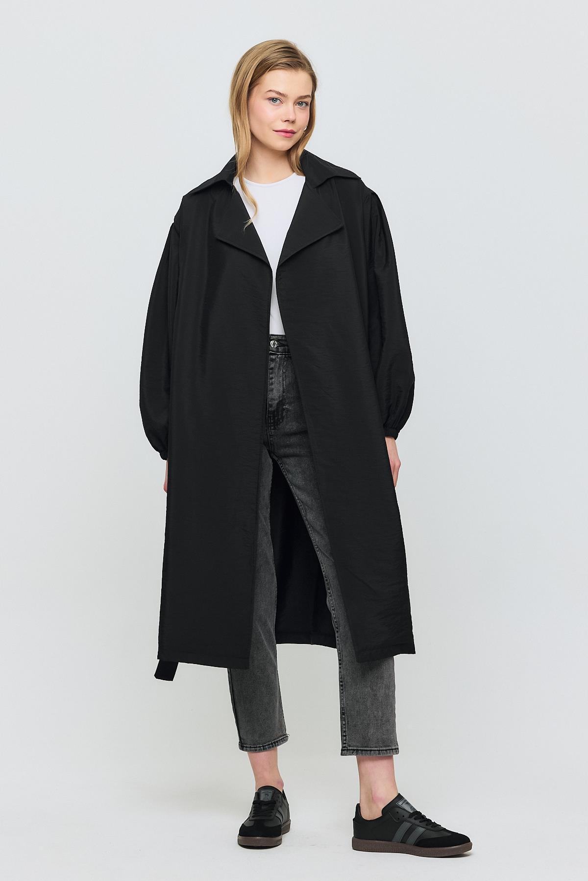 4579A Kuşaklı Kol Lastikli Trençkot Siyah - RAYS