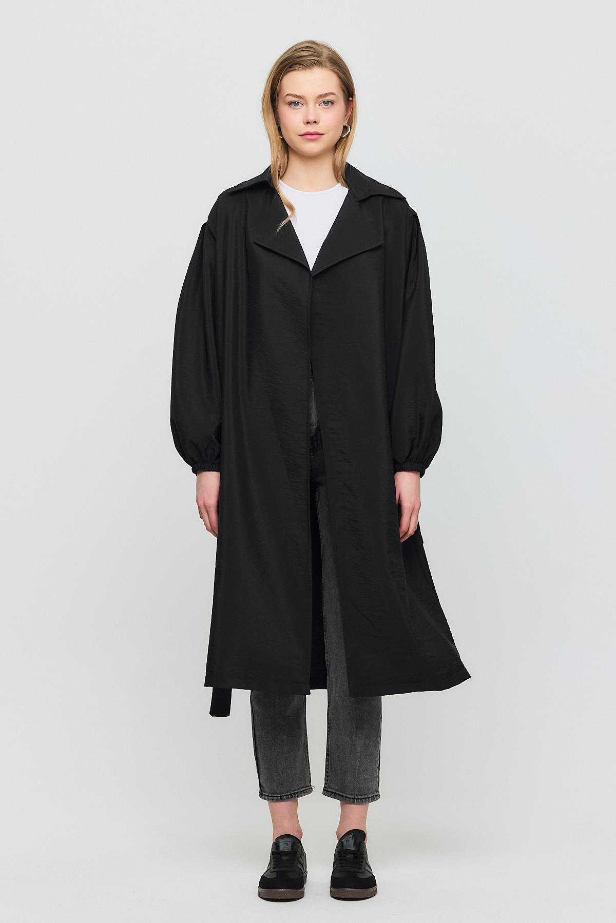 4579A Kuşaklı Kol Lastikli Trençkot Siyah - RAYS