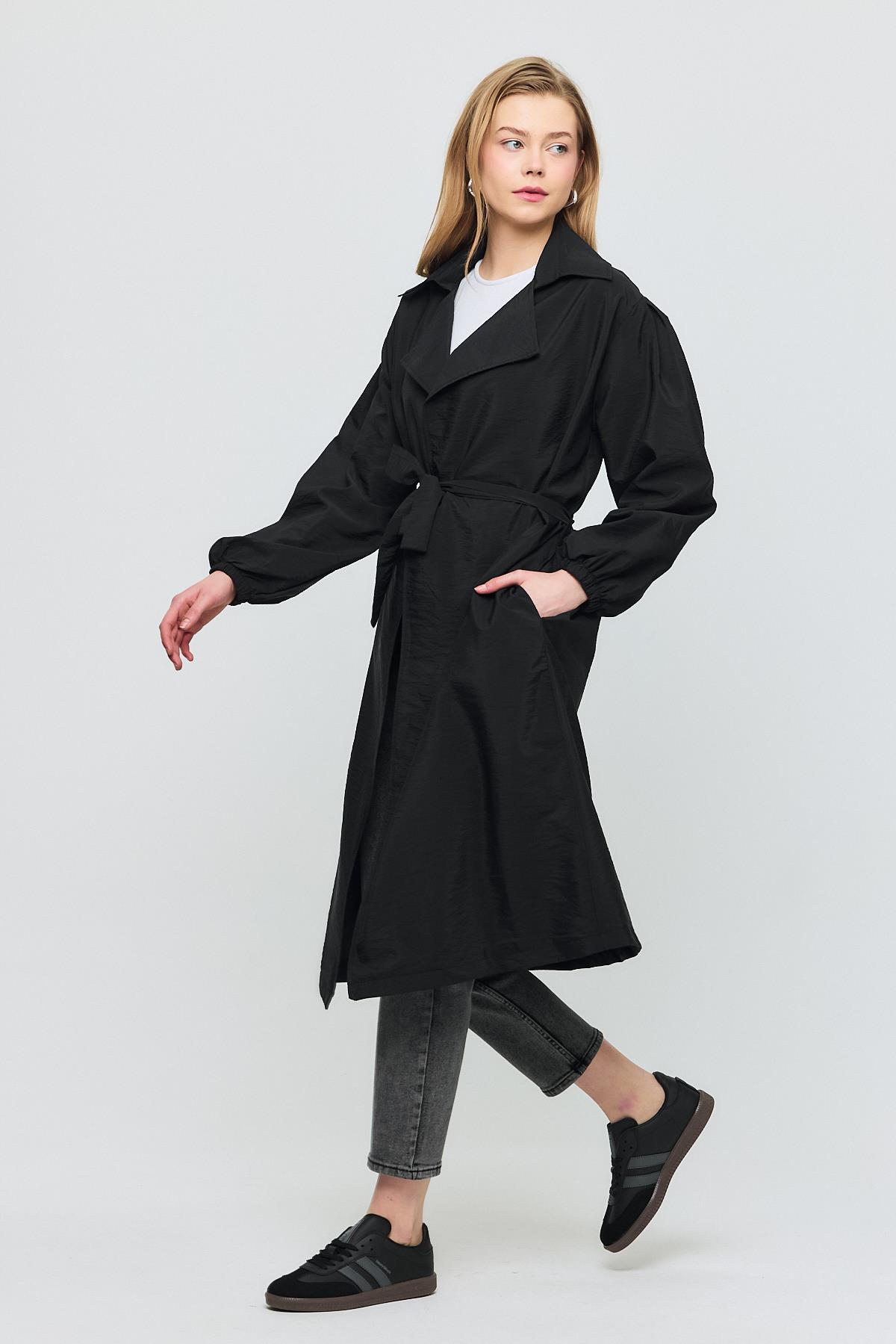 4579A Kuşaklı Kol Lastikli Trençkot Siyah - 1