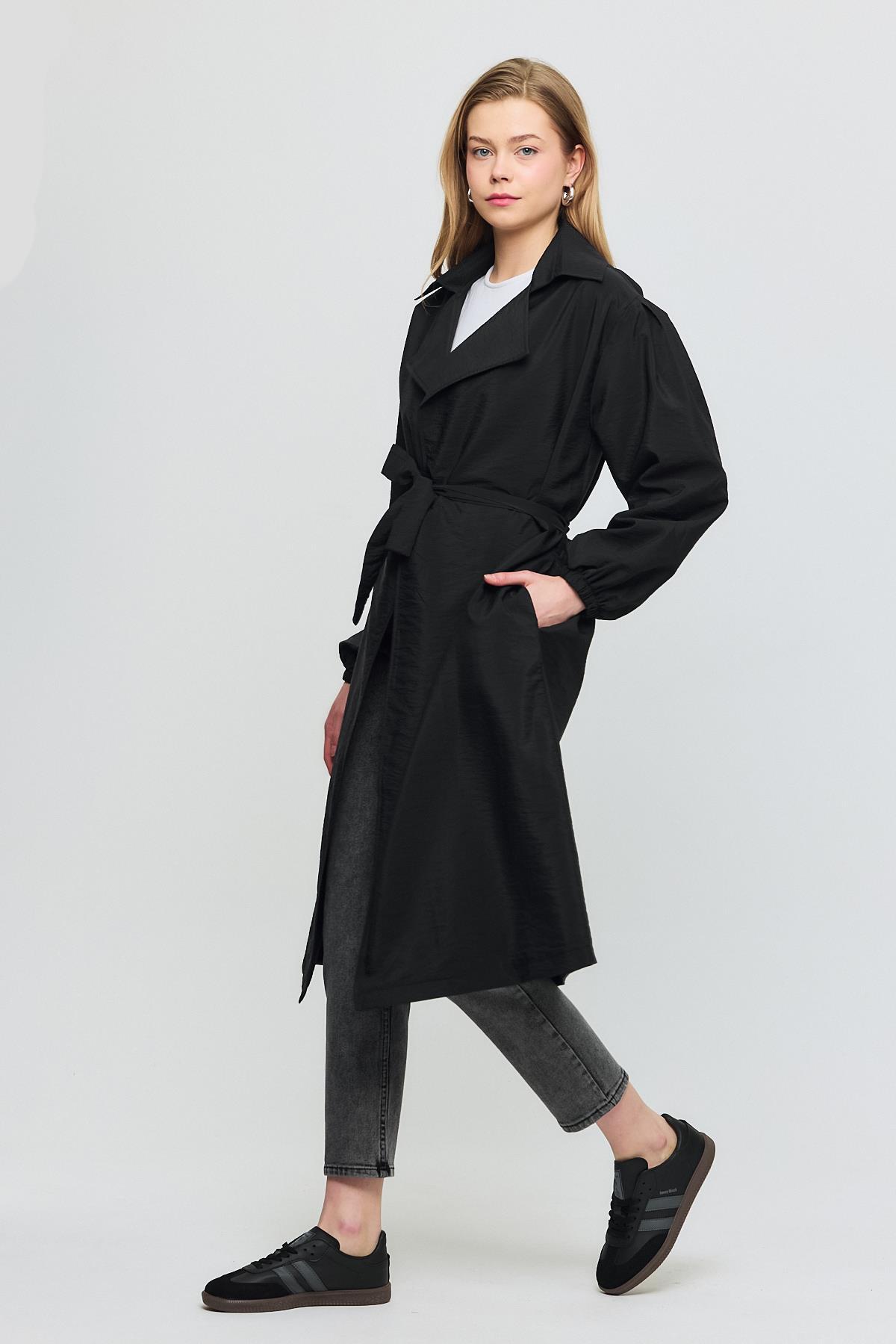4579A Kuşaklı Kol Lastikli Trençkot Siyah - 8
