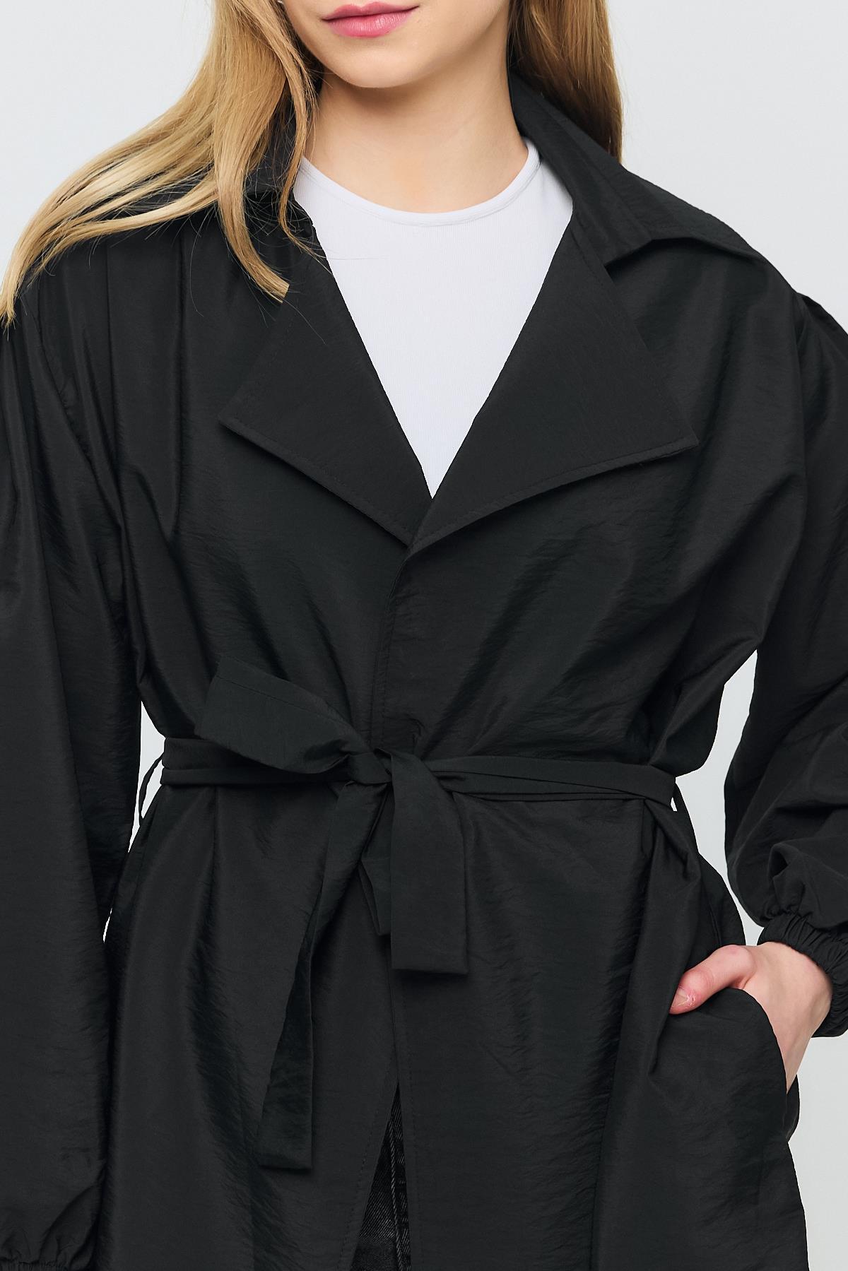 4579A Kuşaklı Kol Lastikli Trençkot Siyah - RAYS