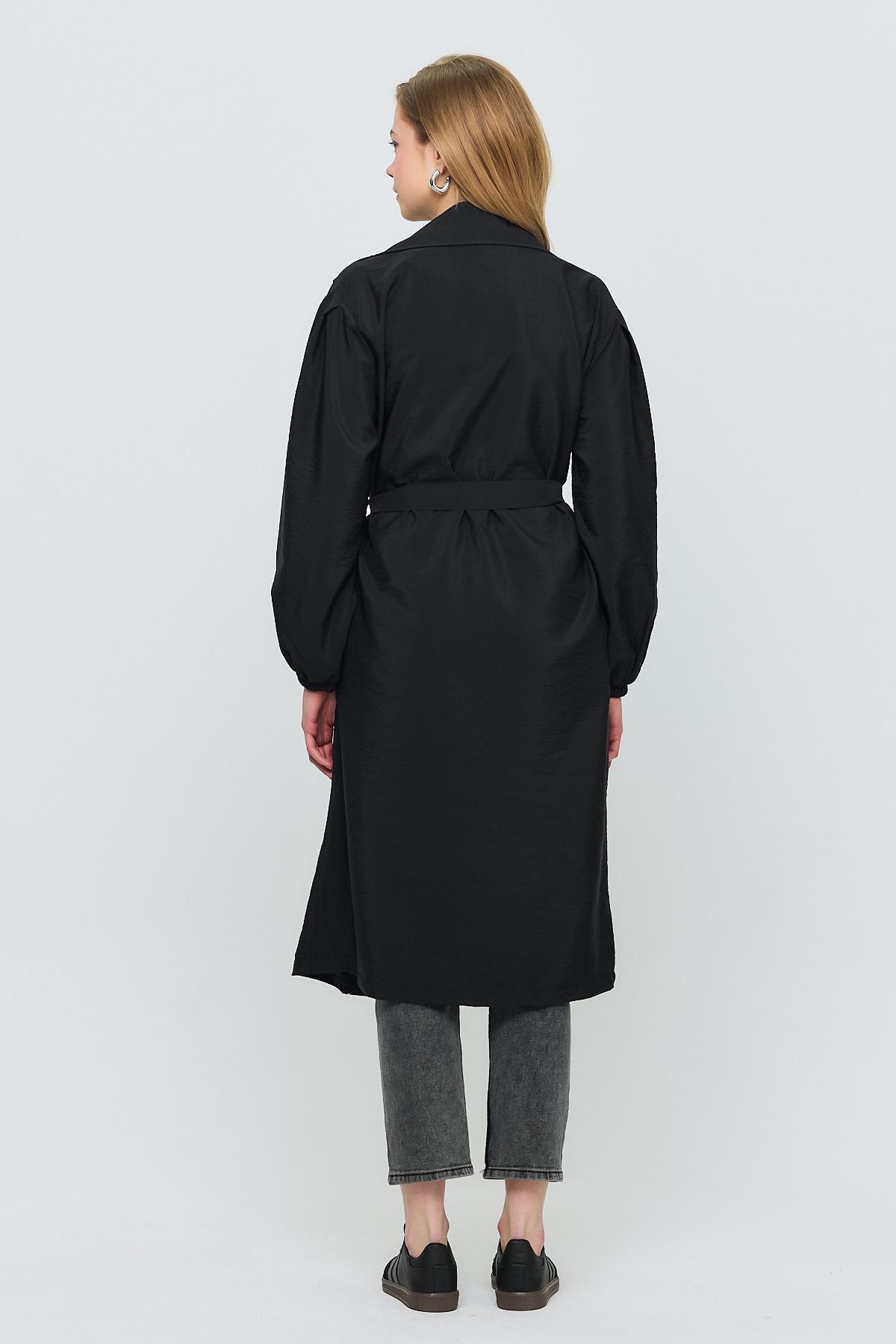 Siyah Kuşaklı Kol Lastikli Trençkot 4579A - 5