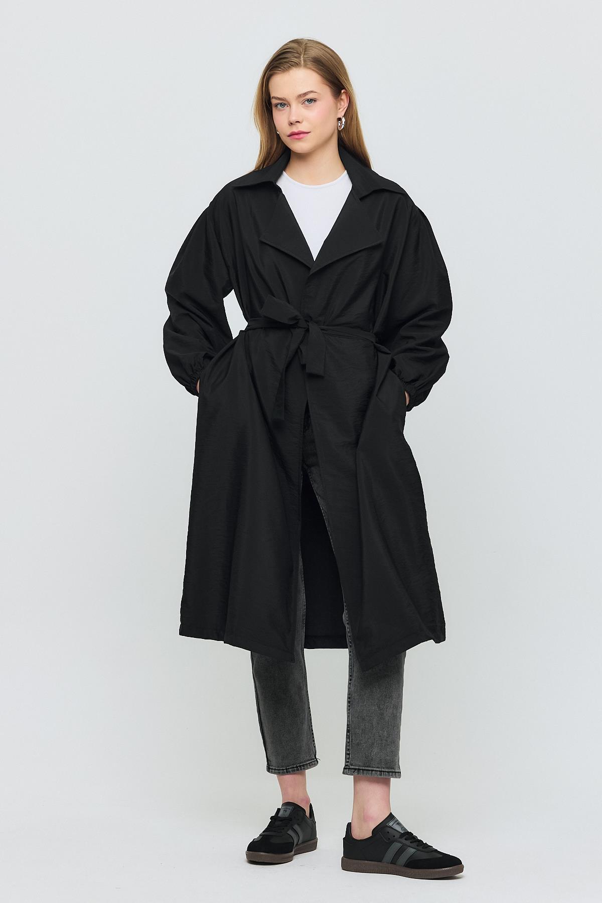Siyah Kuşaklı Kol Lastikli Trençkot 4579A - 6