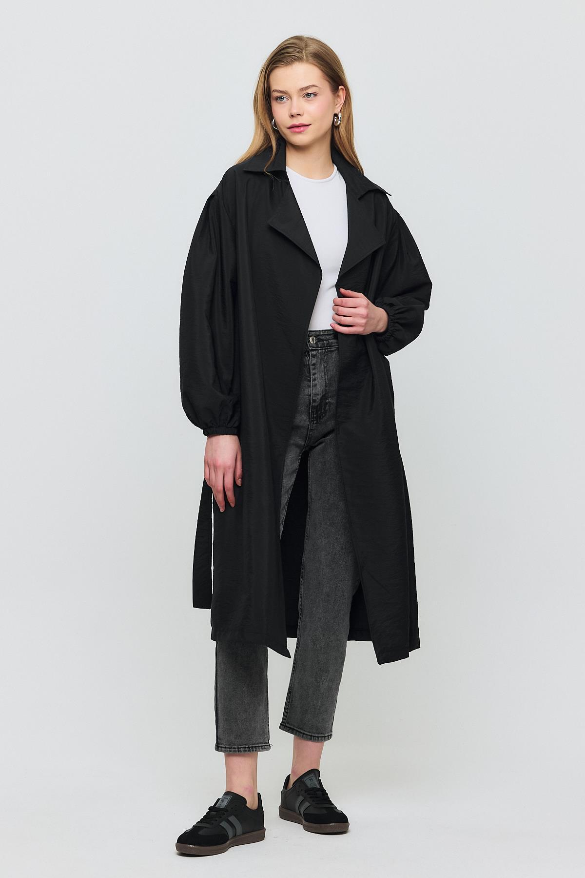 Siyah Kuşaklı Kol Lastikli Trençkot 4579A - 7