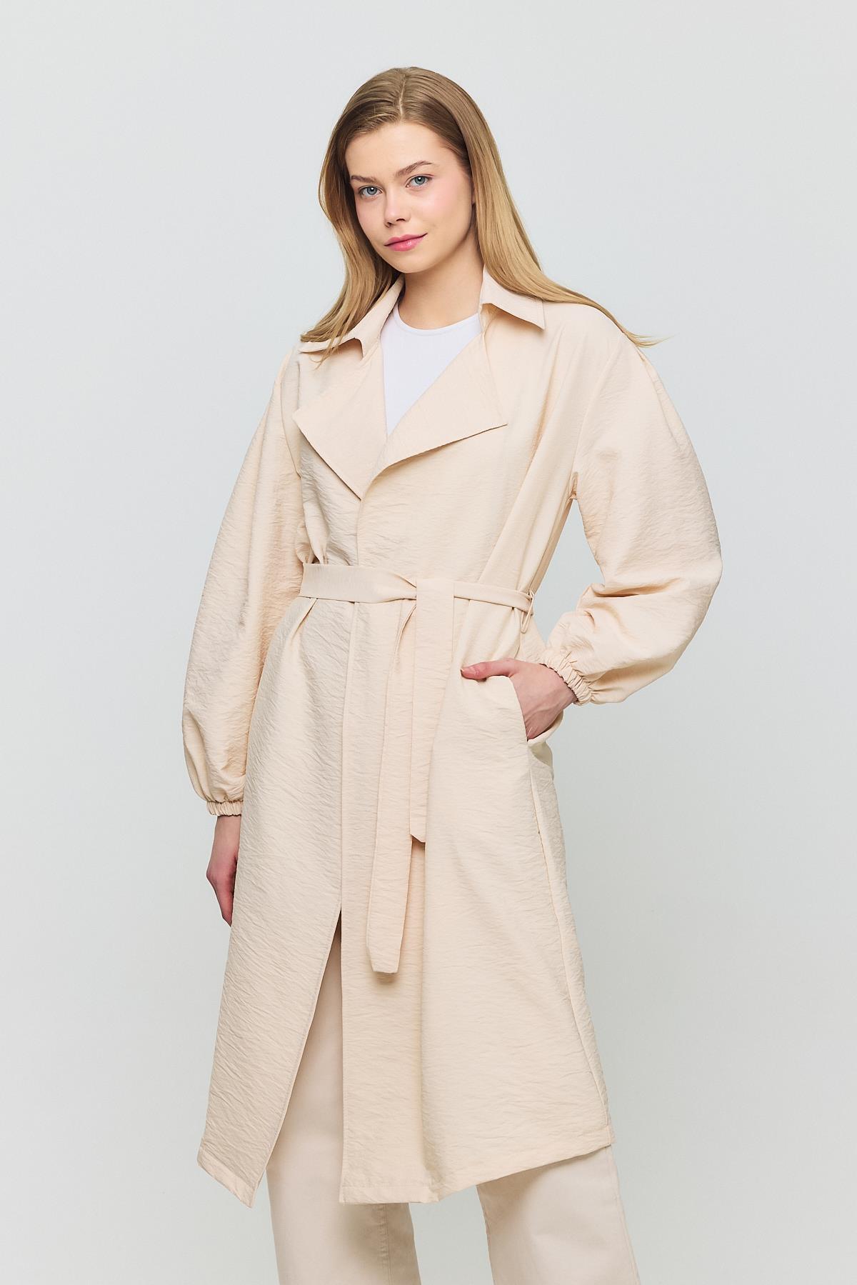 4579A Kuşaklı Kol Lastikli Trençkot Taş - 1