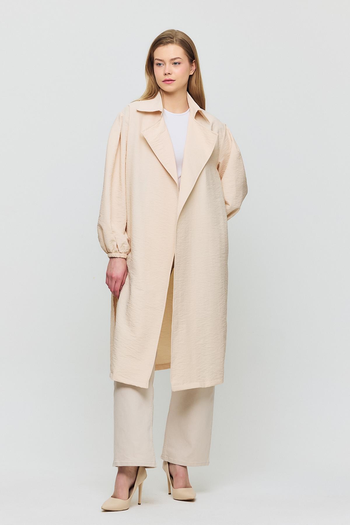 4579A Kuşaklı Kol Lastikli Trençkot Taş - 2