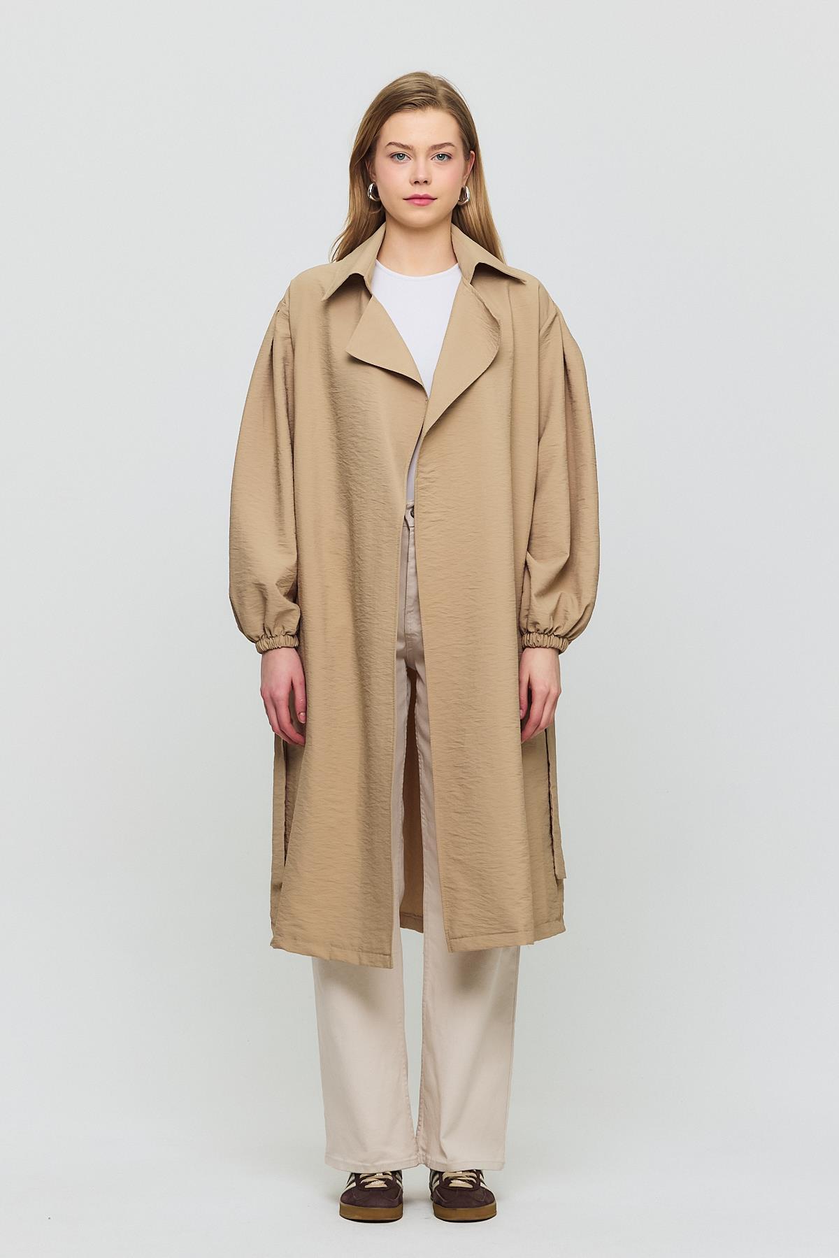 4579A Kuşaklı Kol Lastikli Trençkot Vizon - RAYS