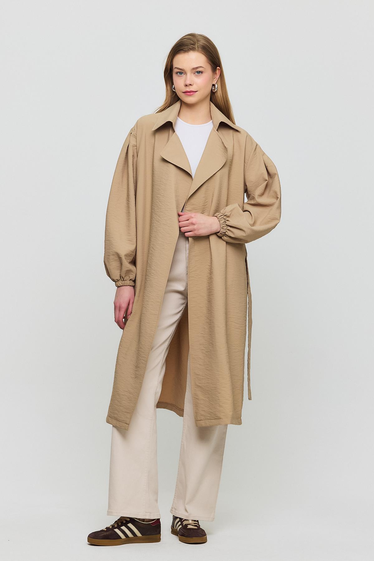 4579A Kuşaklı Kol Lastikli Trençkot Vizon - 8