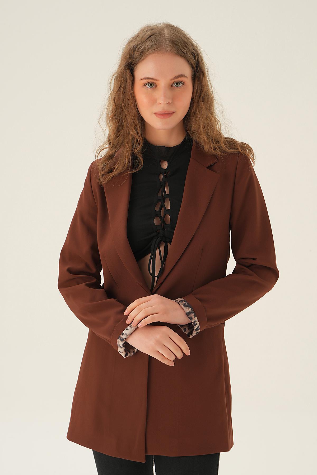 Kahve Kol Leopar Detay Ceket 4584 - 4