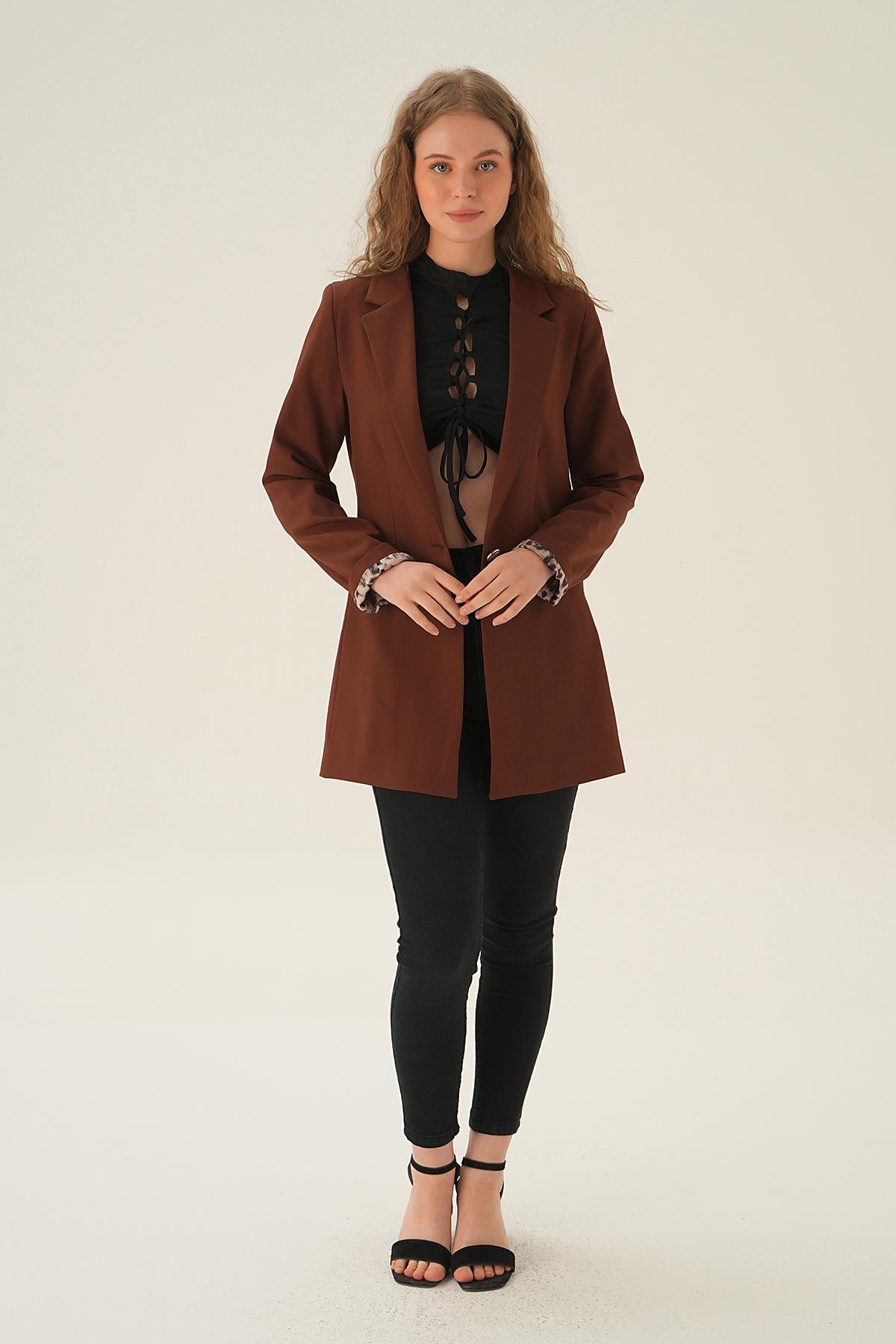Kahve Kol Leopar Detay Ceket 4584 - 6