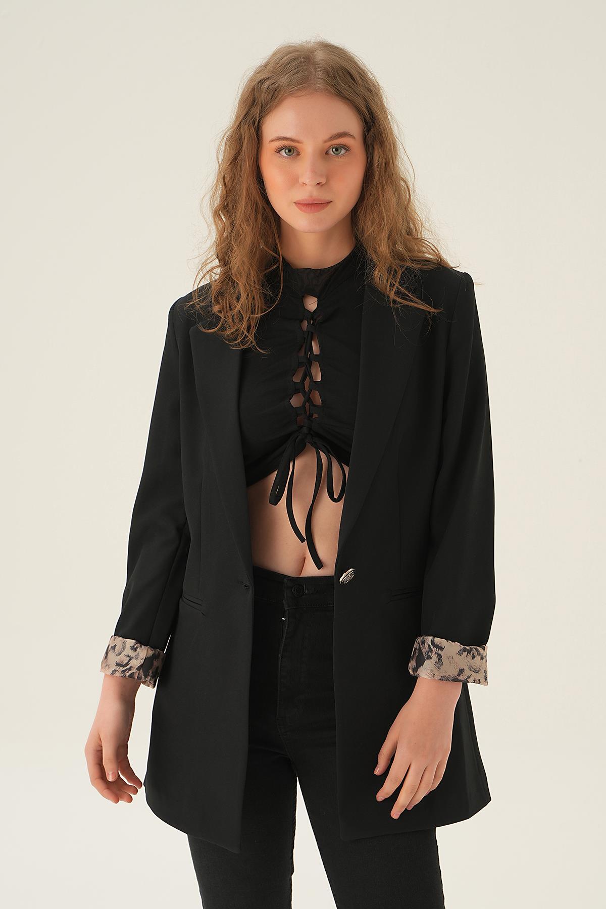 Siyah Kol Leopar Detay Ceket 4584 - 4