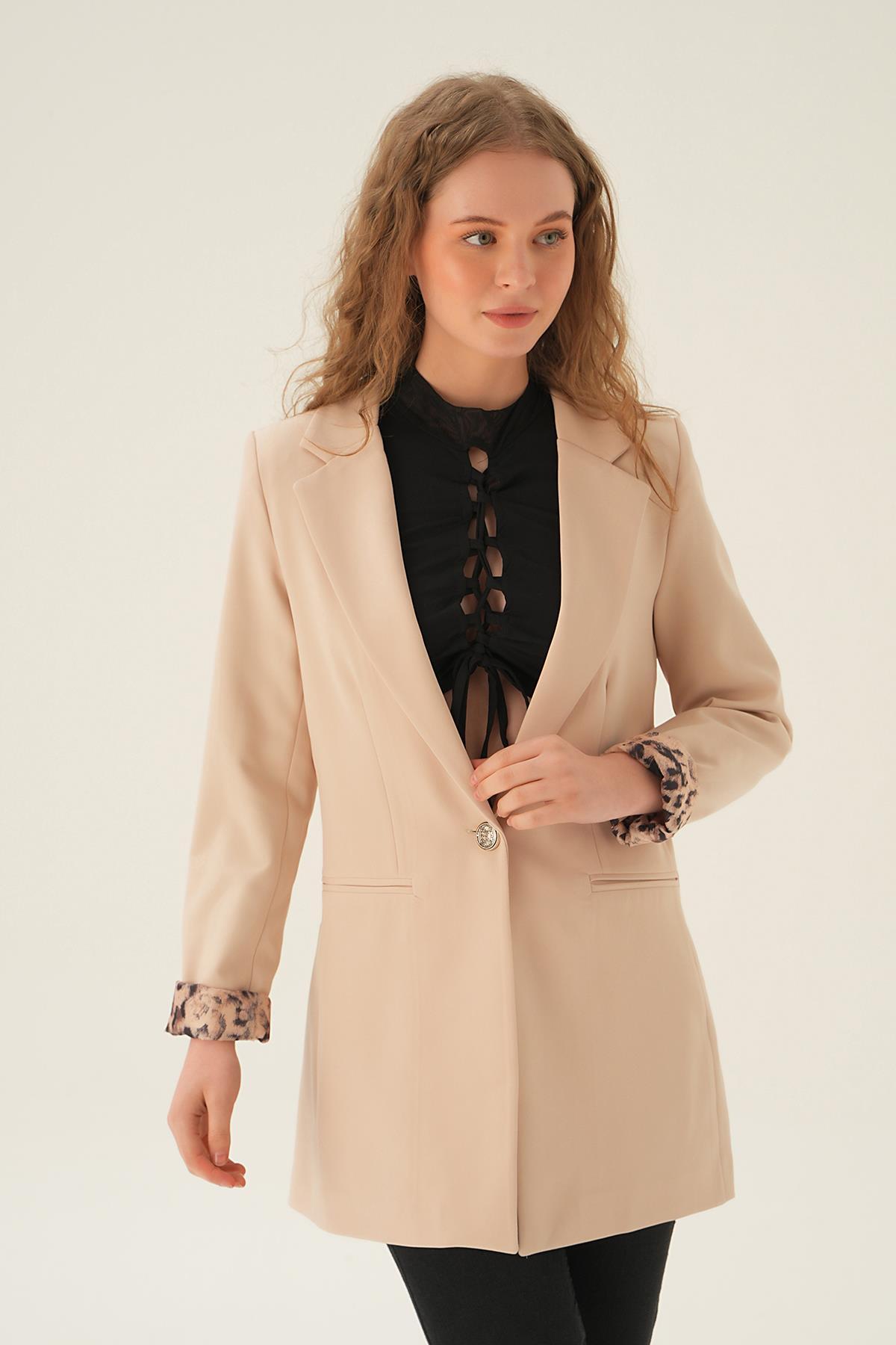 4584 Kol Leopar Detay Ceket Taş 