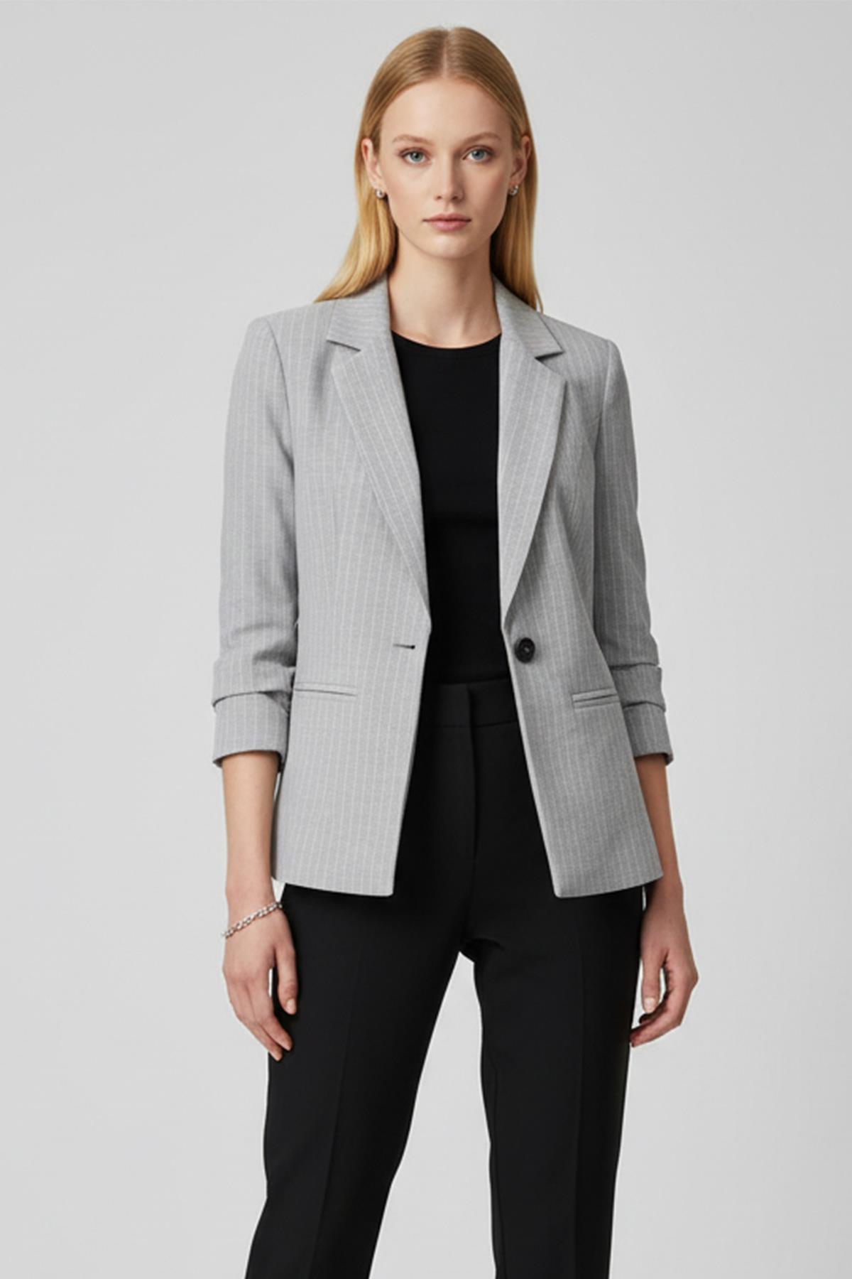 4594A Çizgili Klasik Yaka Ceket Açık Gri - 1