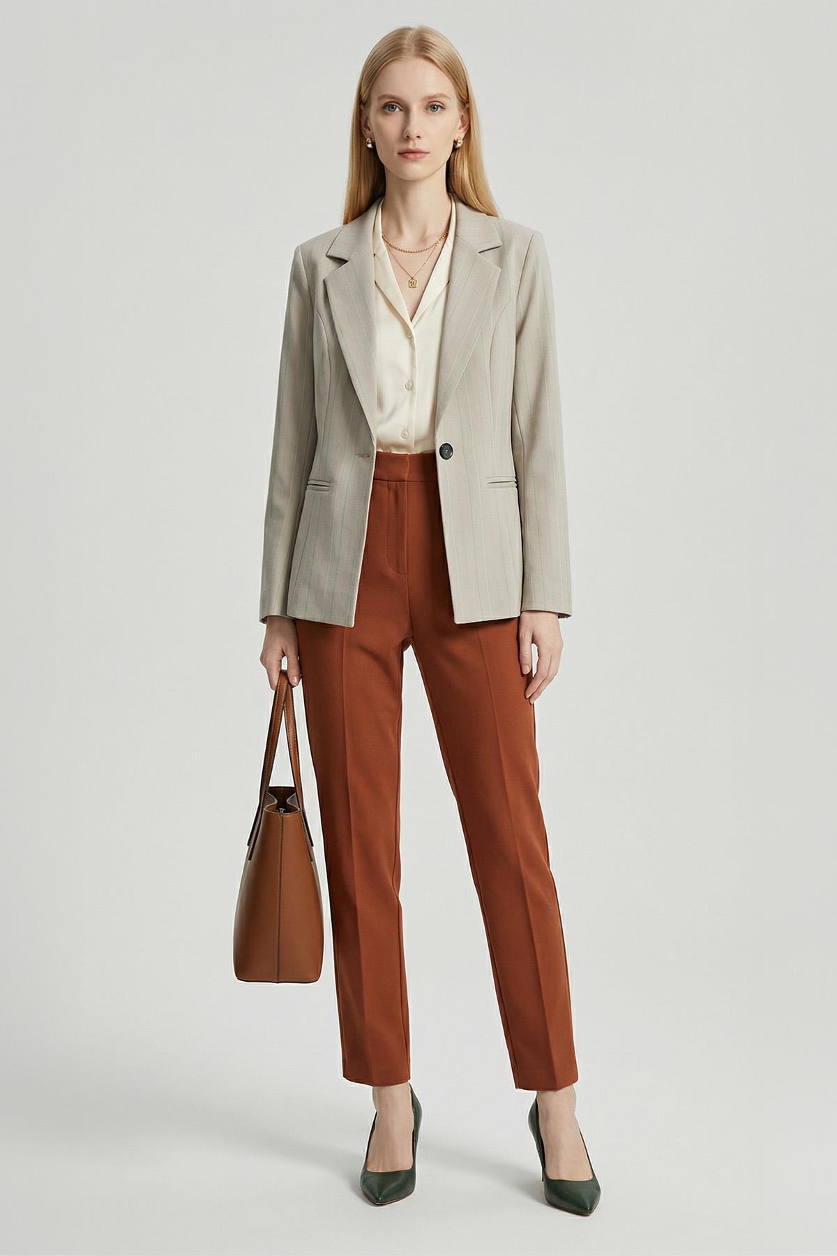 4594A Çizgili Klasik Yaka Ceket Çizgili-Gri - 1