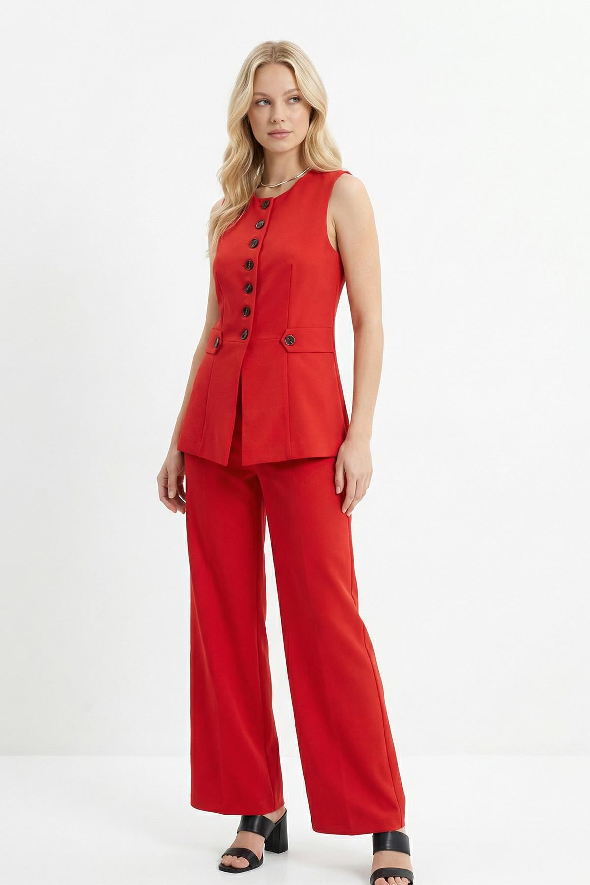 4616A Düğmeli Yelek Pantolon Takım Kırmızı 