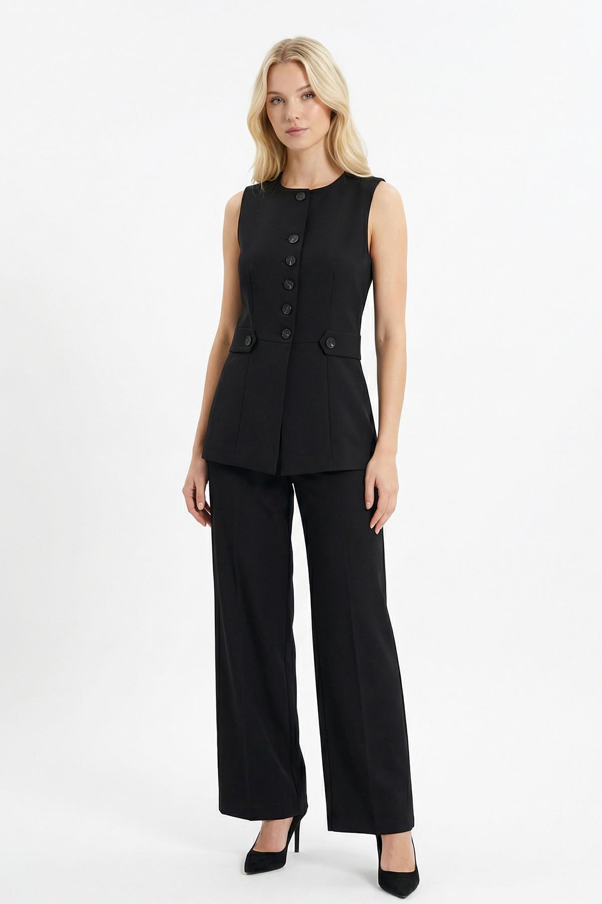 4616A Düğmeli Yelek Pantolon Takım Siyah - RAYS