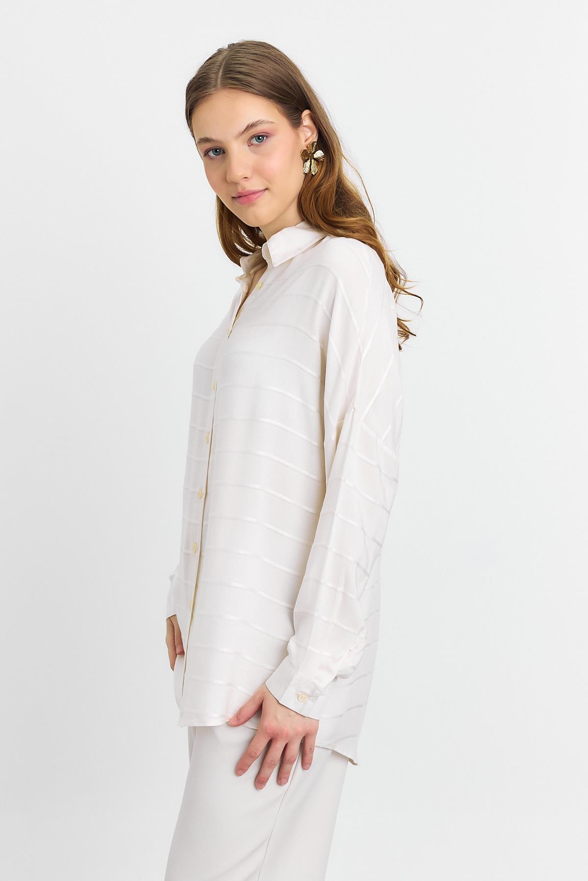 4637A Çizgili Salaş Gömlek Bej - 3