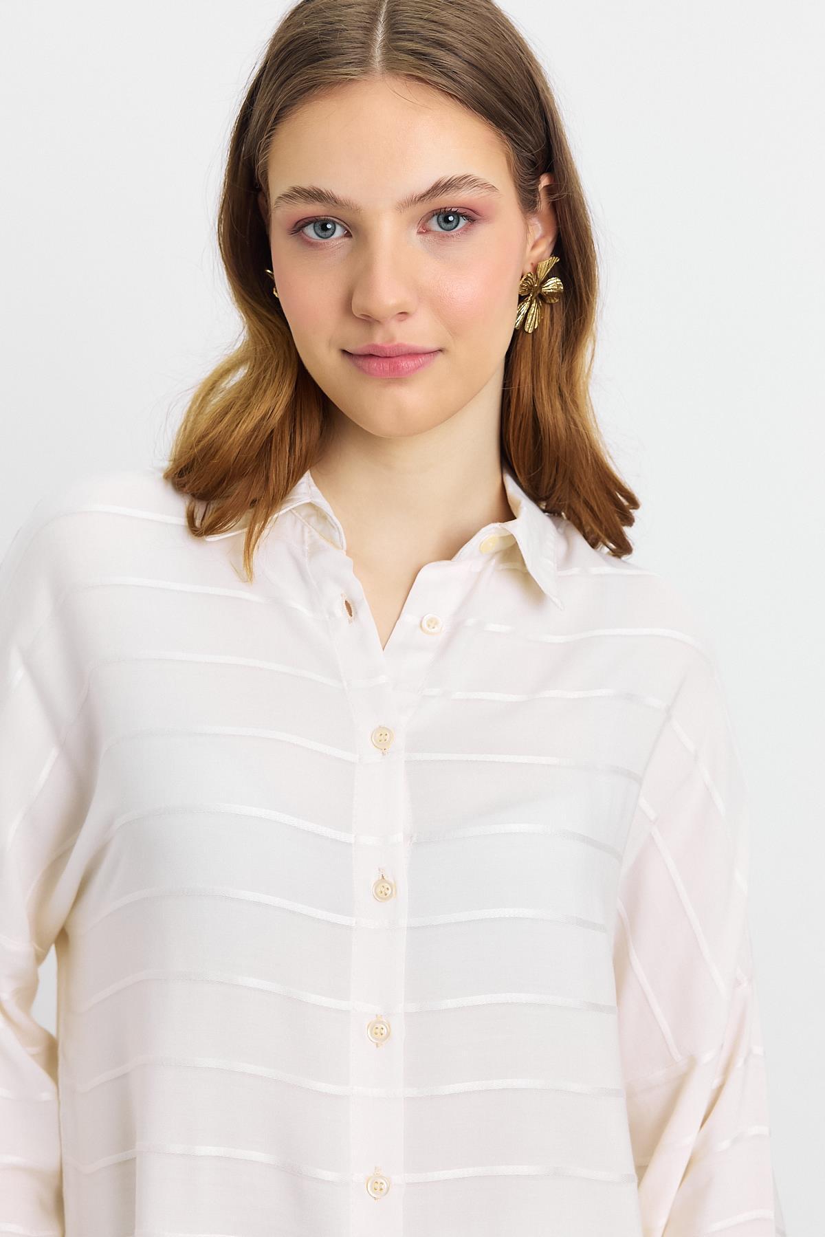 4637A Çizgili Salaş Gömlek Bej - 4