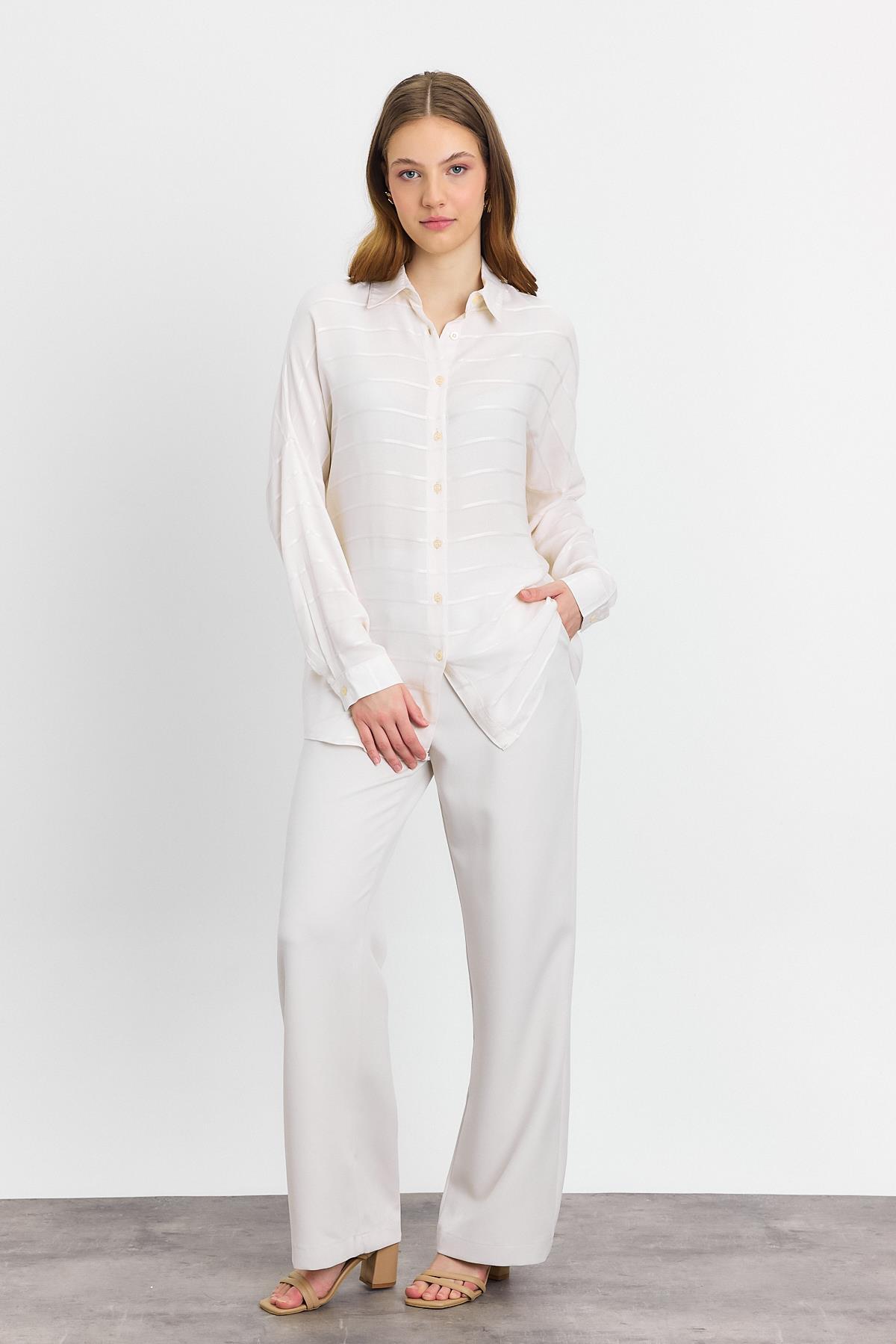 4637A Çizgili Salaş Gömlek Bej - 2