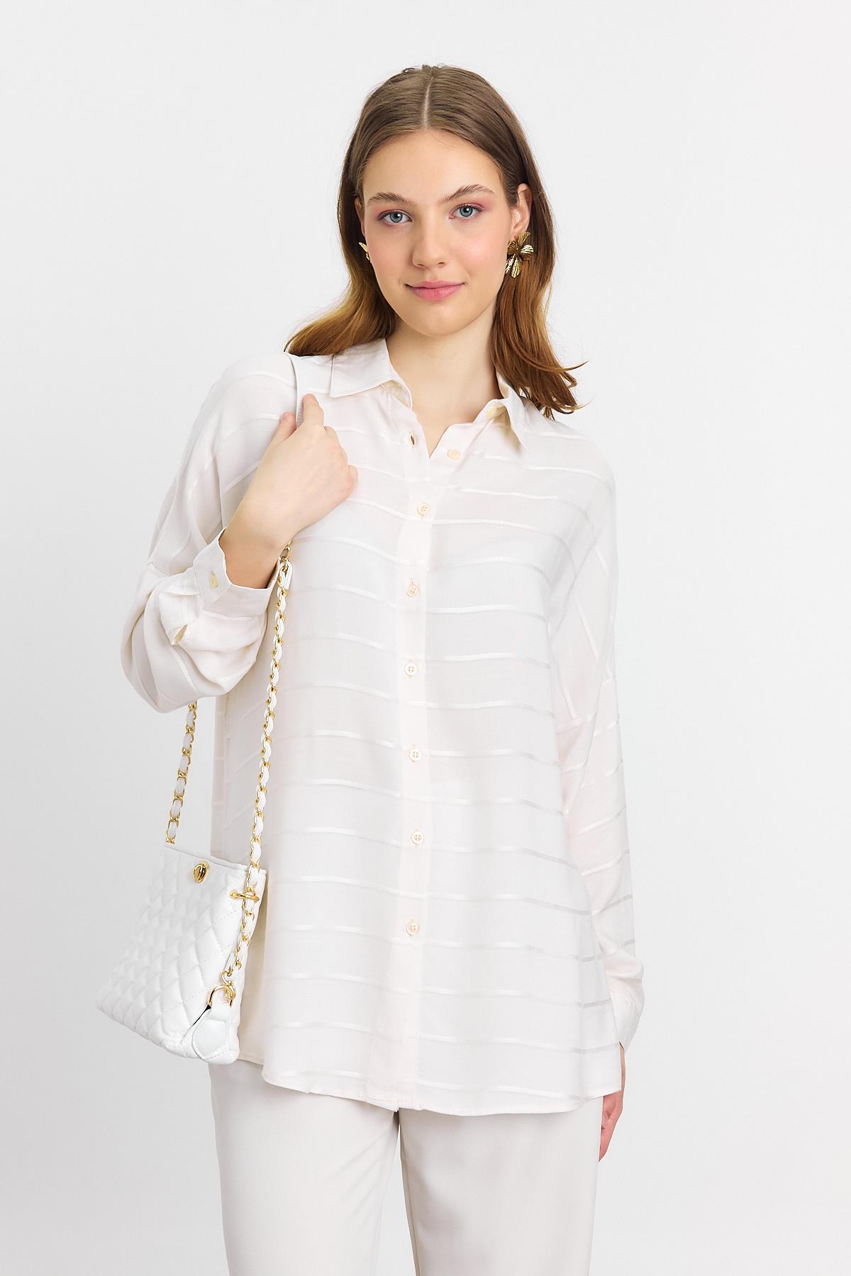 Bej Çizgili Salaş Gömlek 4637A - 7