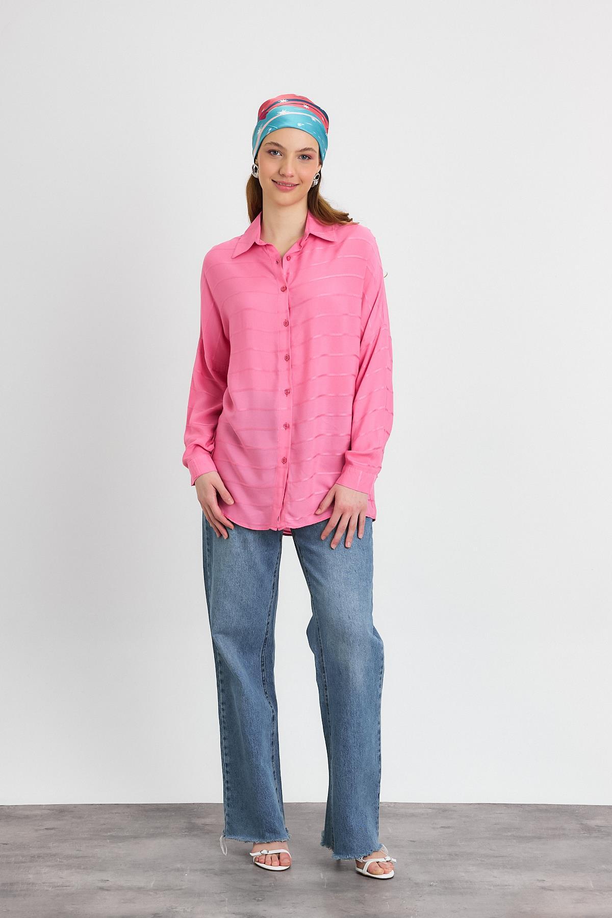 Pembe Çizgili Salaş Gömlek 4637A - 2