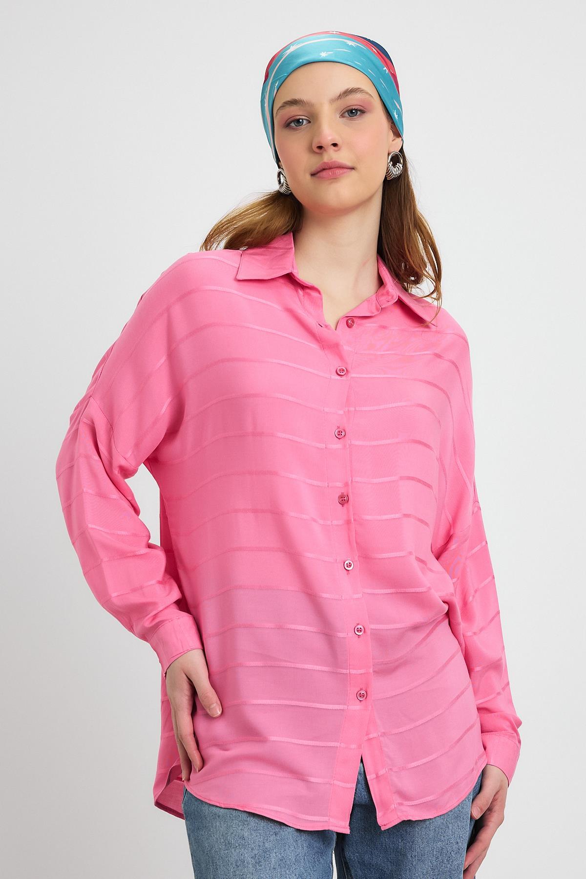 Pembe Çizgili Salaş Gömlek 4637A - 7