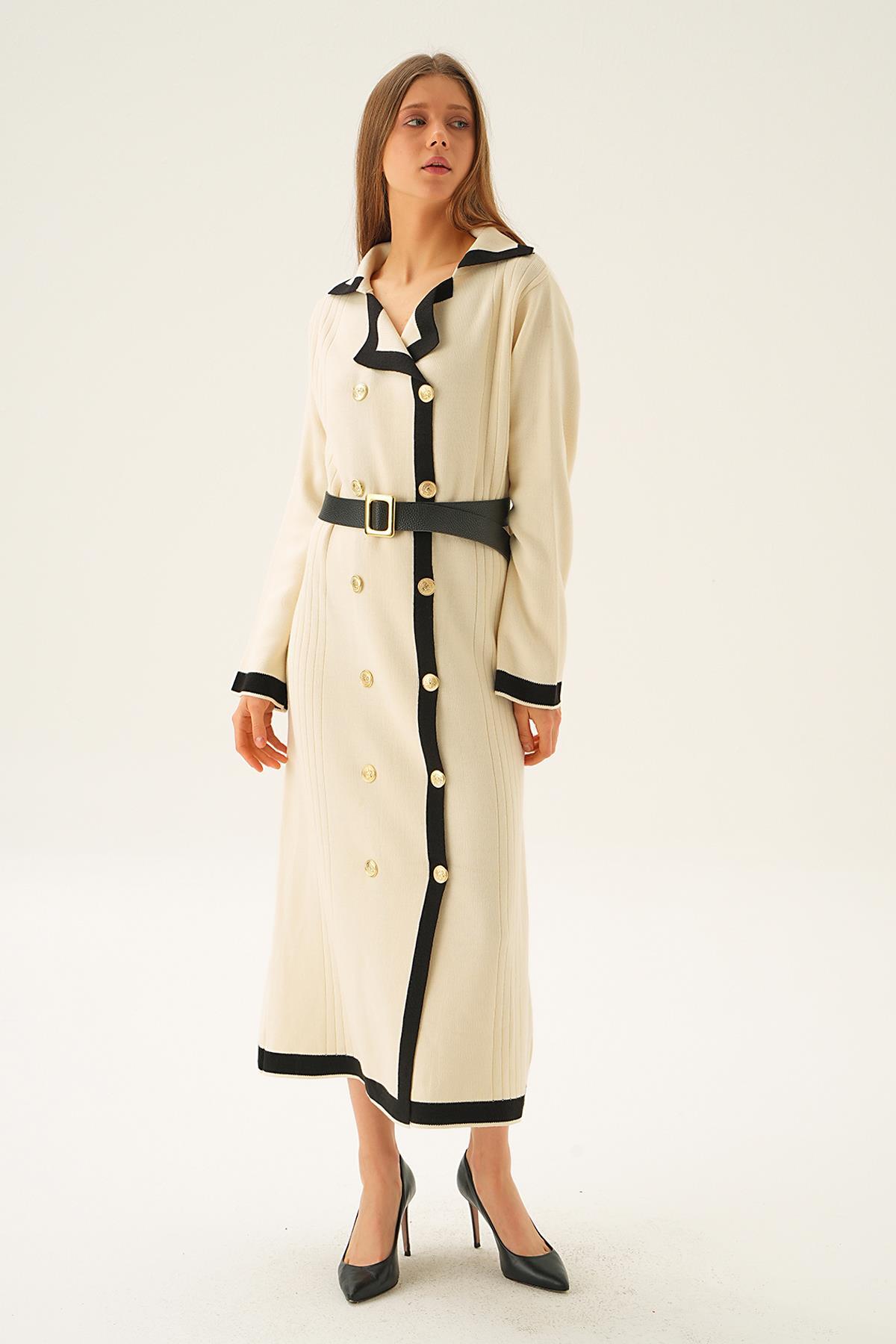 4645 Kemerli Düğme Detay Elbise Bej - 2