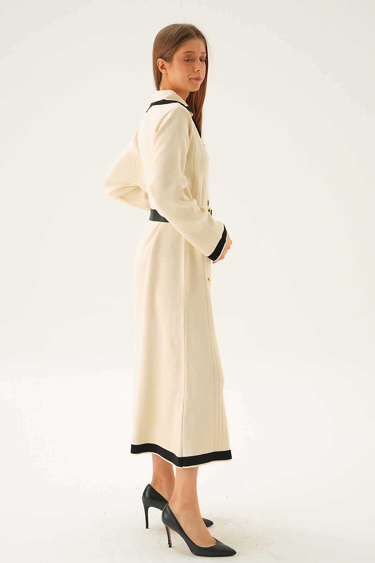 4645 Kemerli Düğme Detay Elbise Bej - 3