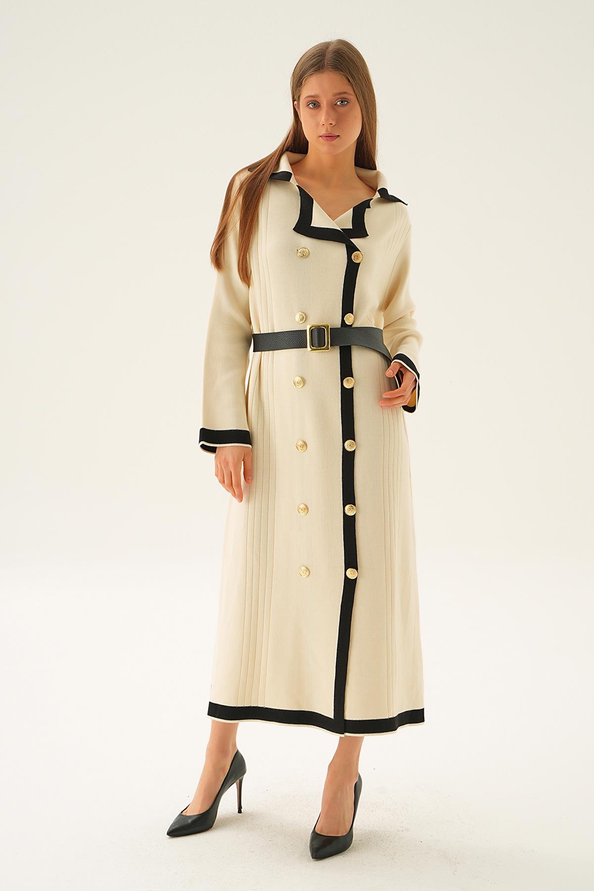 Bej Kemerli Düğme Detay Elbise 4645 