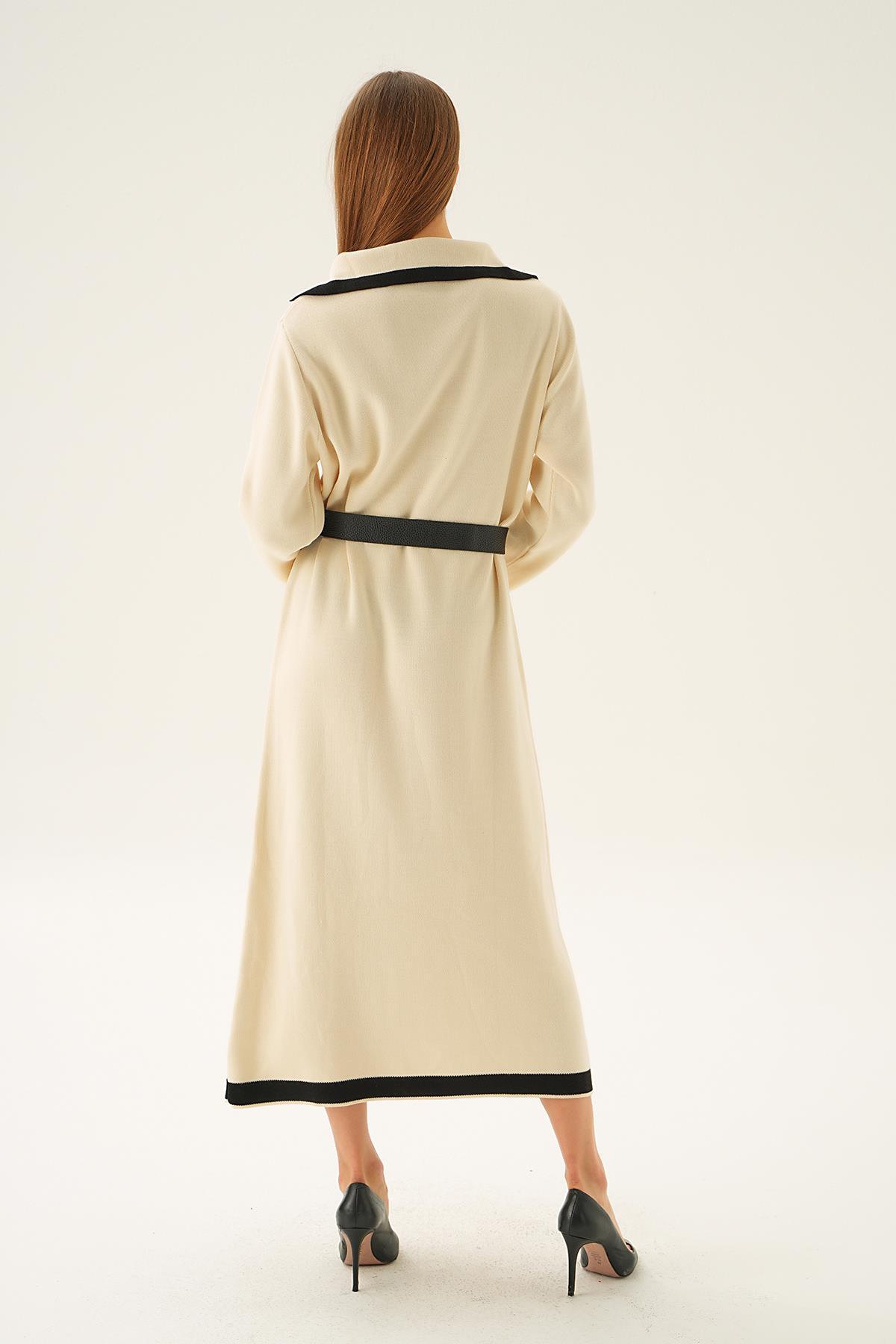 Bej Kemerli Düğme Detay Elbise 4645 - 4