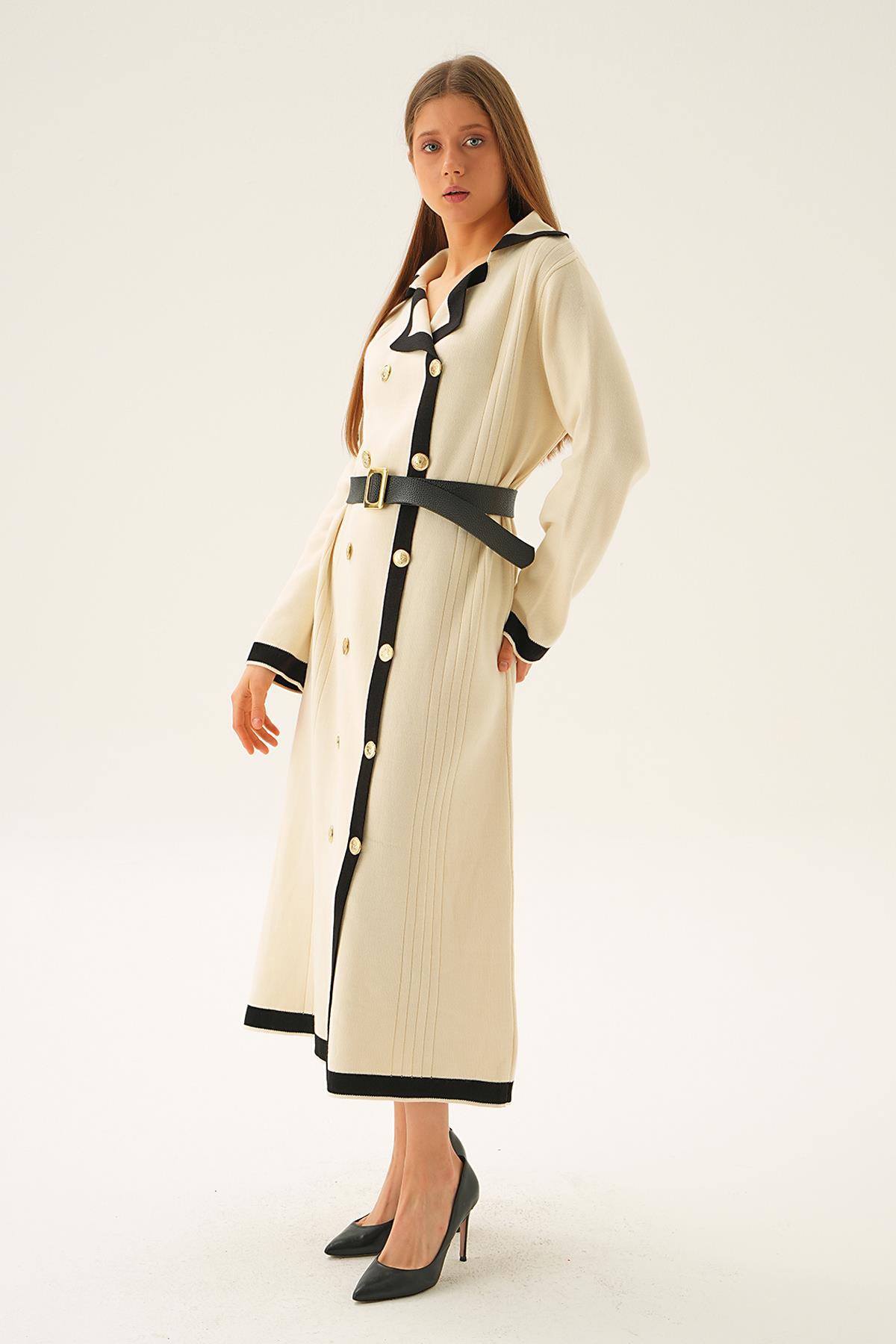 Bej Kemerli Düğme Detay Elbise 4645 - 5