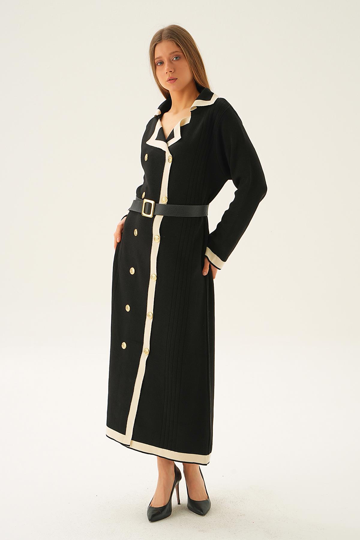 4645 Kemerli Düğme Detay Elbise Siyah - 2