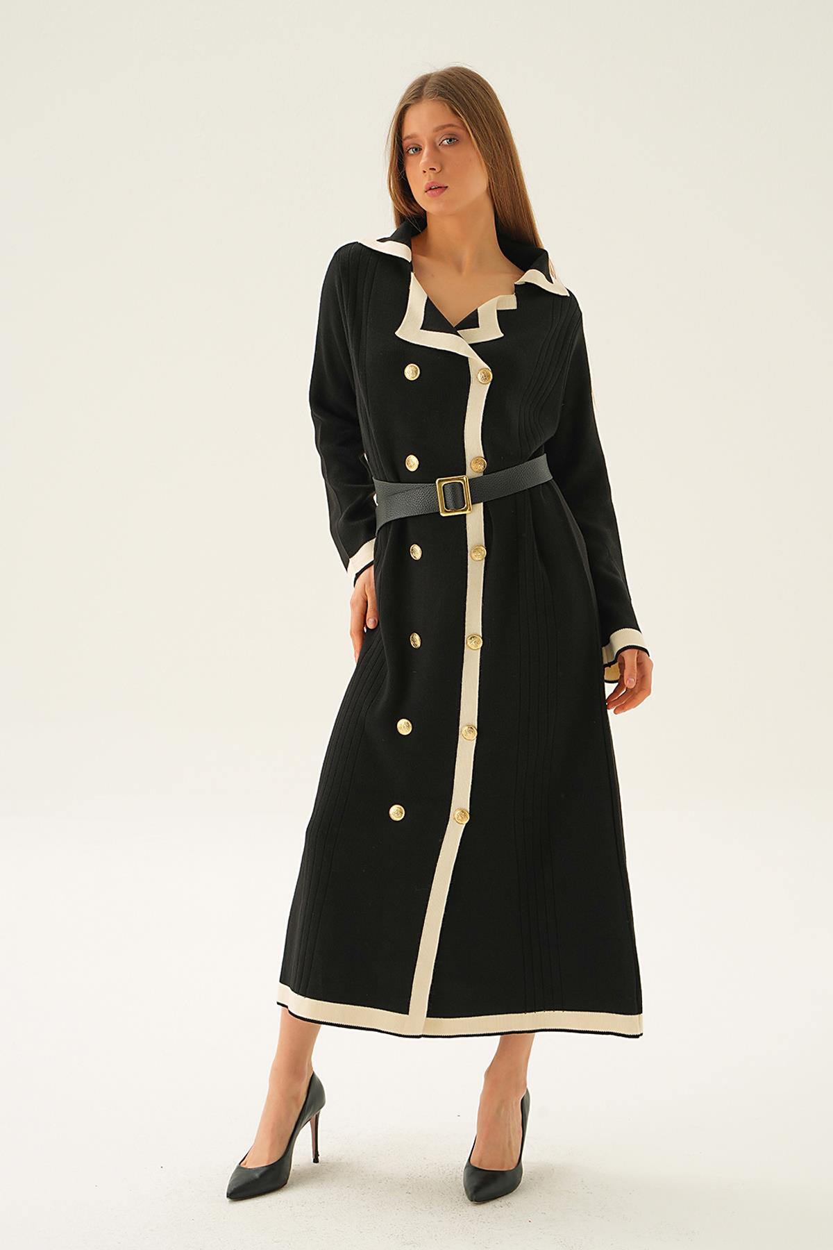 4645 Kemerli Düğme Detay Elbise Siyah - 5