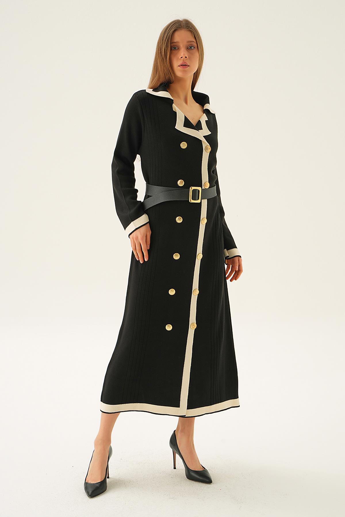 Siyah Kemerli Düğme Detay Elbise 4645 - 1