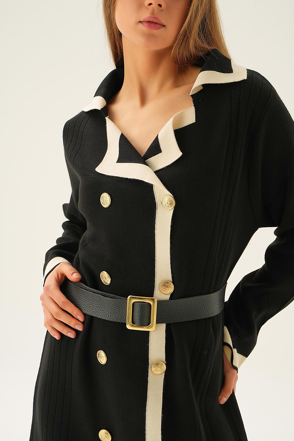 Siyah Kemerli Düğme Detay Elbise 4645 - 6