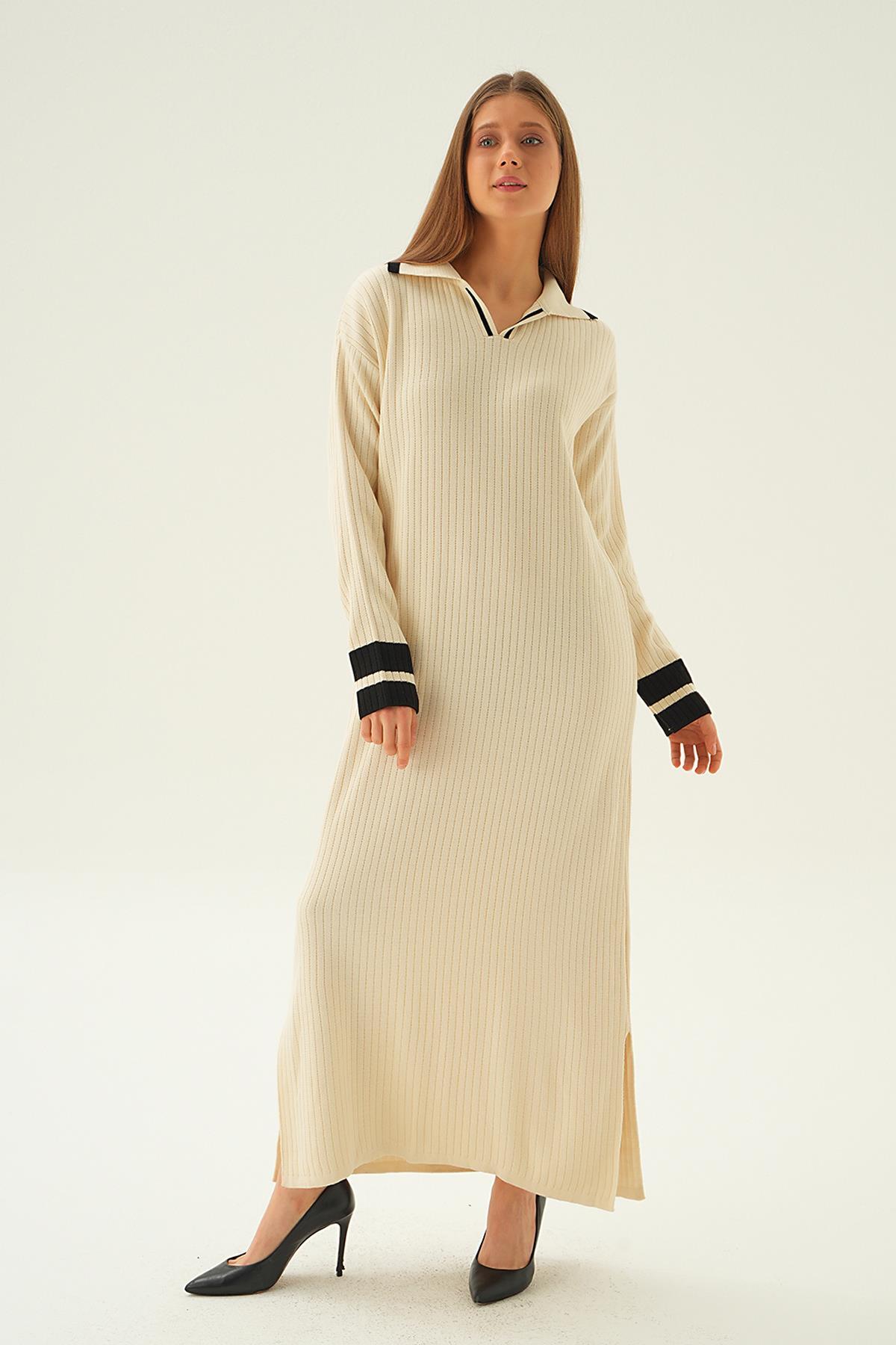 Bej Polo Yaka Triko Elbise 4665 