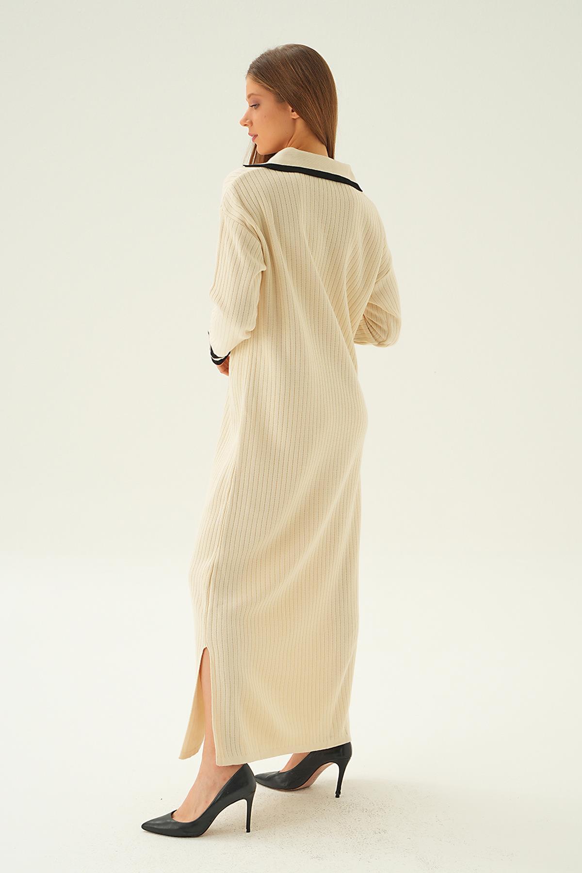 Bej Polo Yaka Triko Elbise 4665 - 2