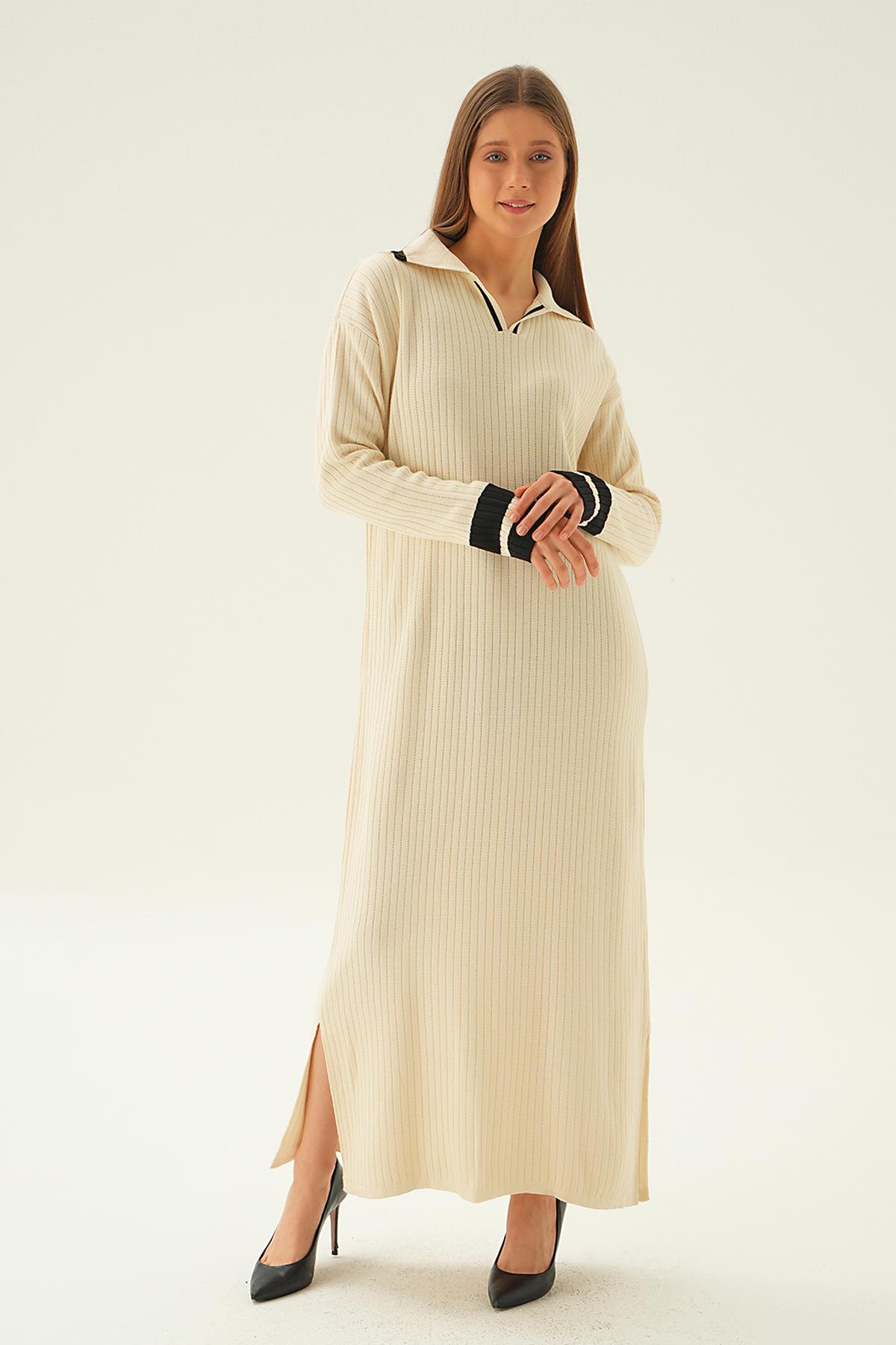 Bej Polo Yaka Triko Elbise 4665 - 4