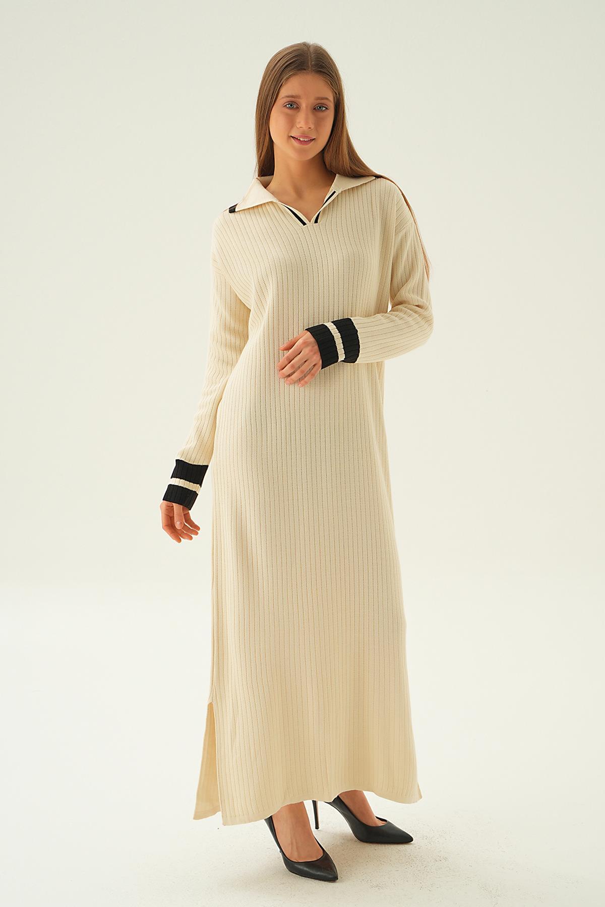 Bej Polo Yaka Triko Elbise 4665 - 5