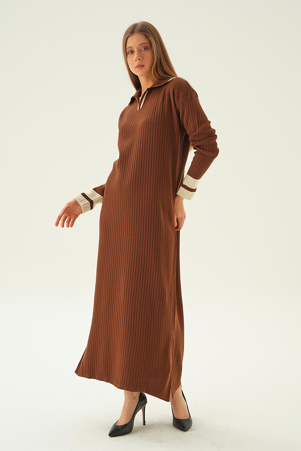 4665 Polo Yaka Triko Elbise Kahve - 1