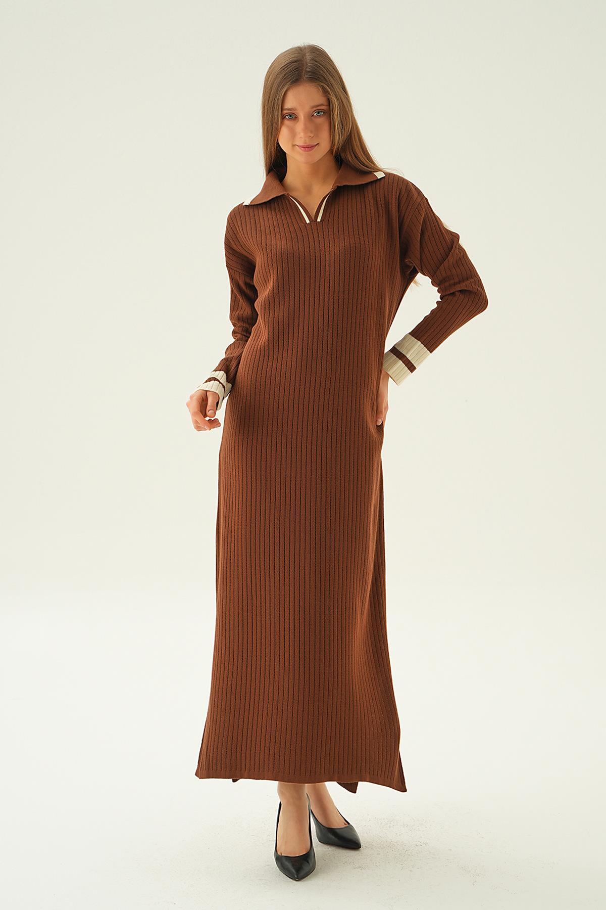 4665 Polo Yaka Triko Elbise Kahve - 5