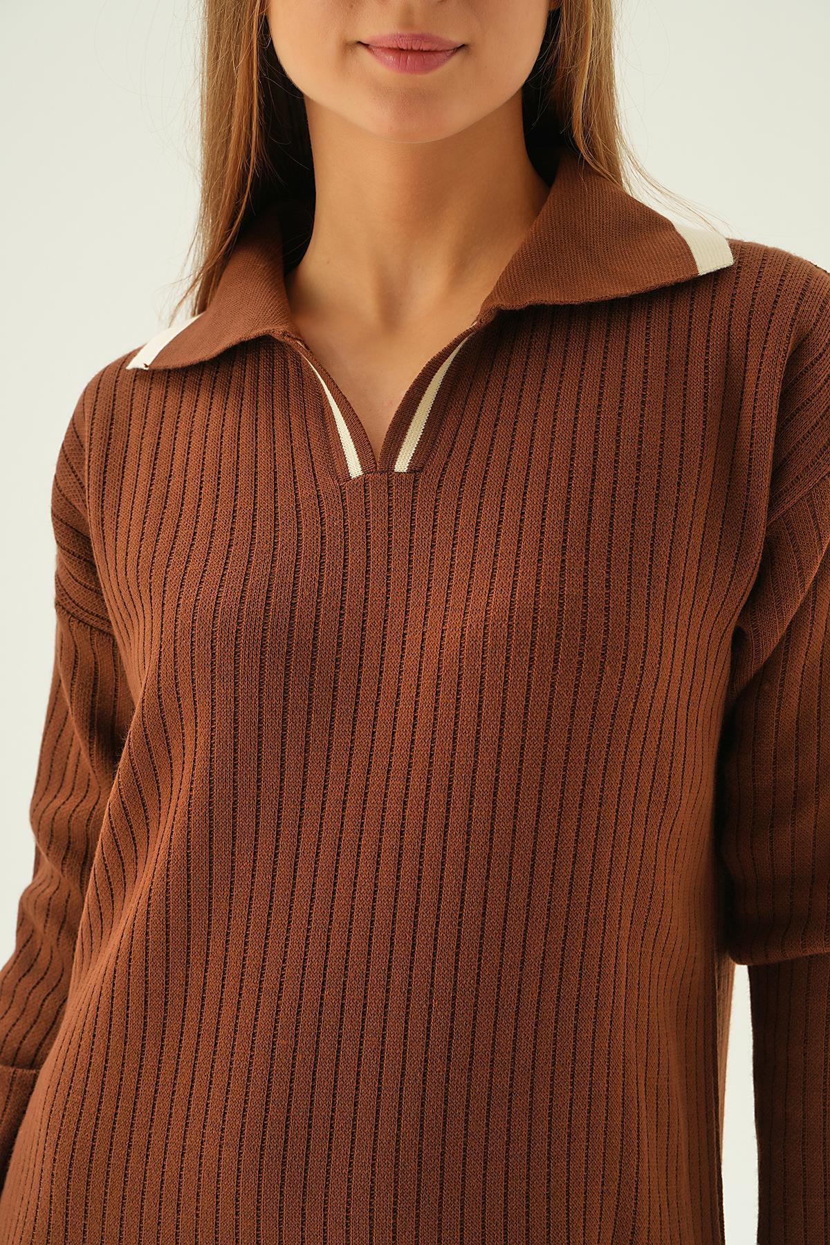 4665 Polo Yaka Triko Elbise Kahve - 6