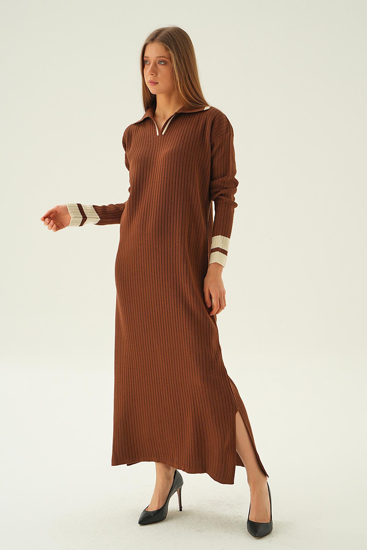 Kahve Polo Yaka Triko Elbise 4665 - 2