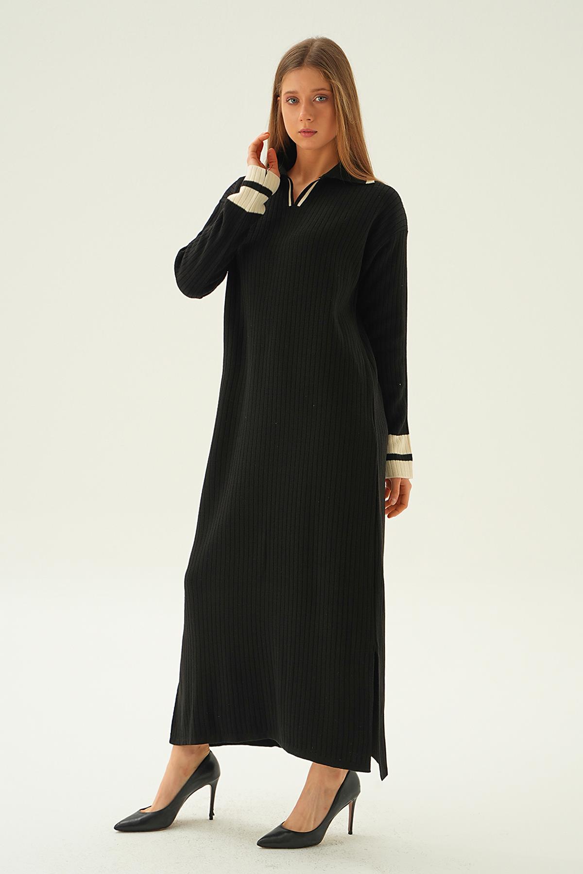 4665 Polo Yaka Triko Elbise Siyah - 1