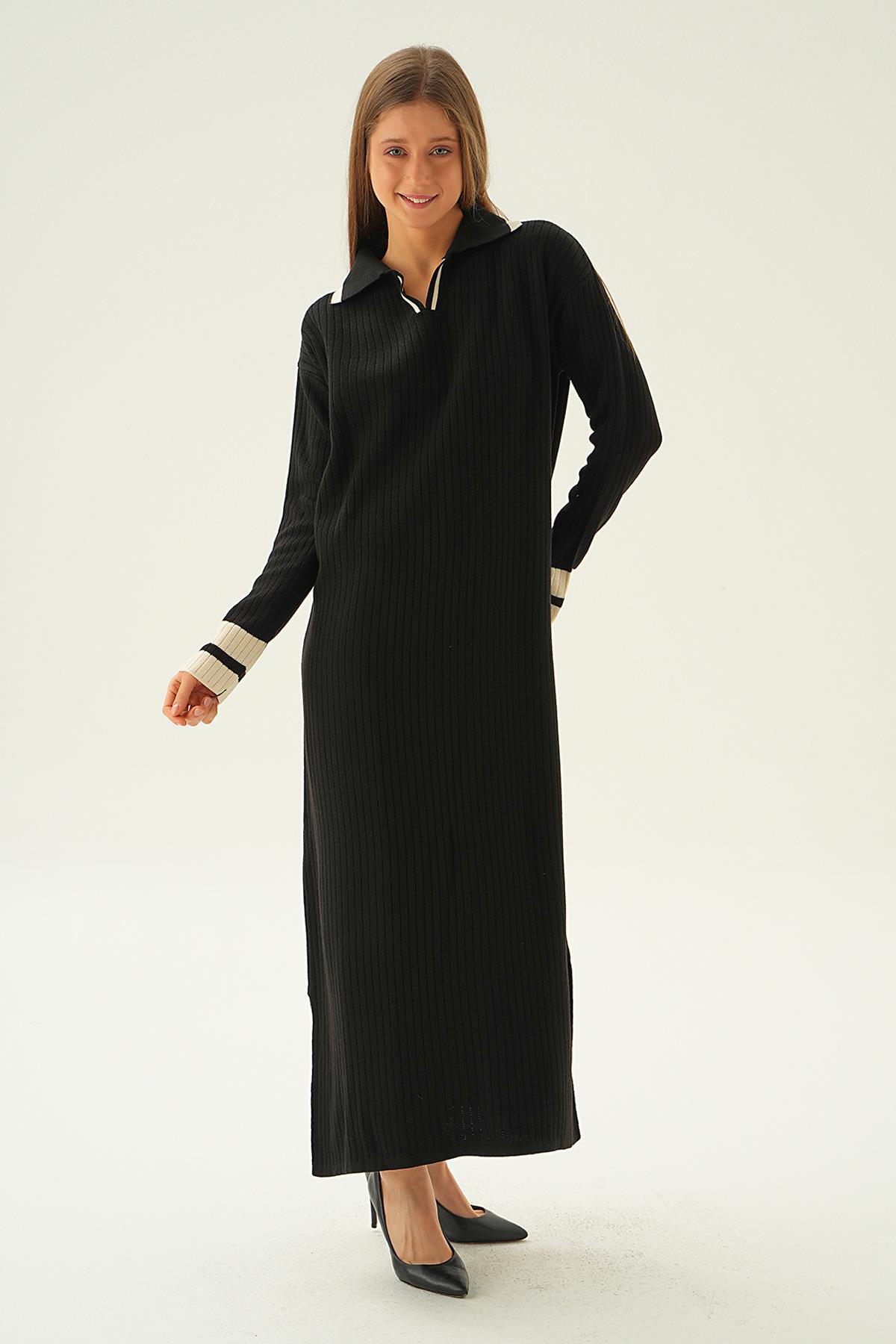 4665 Polo Yaka Triko Elbise Siyah - 5