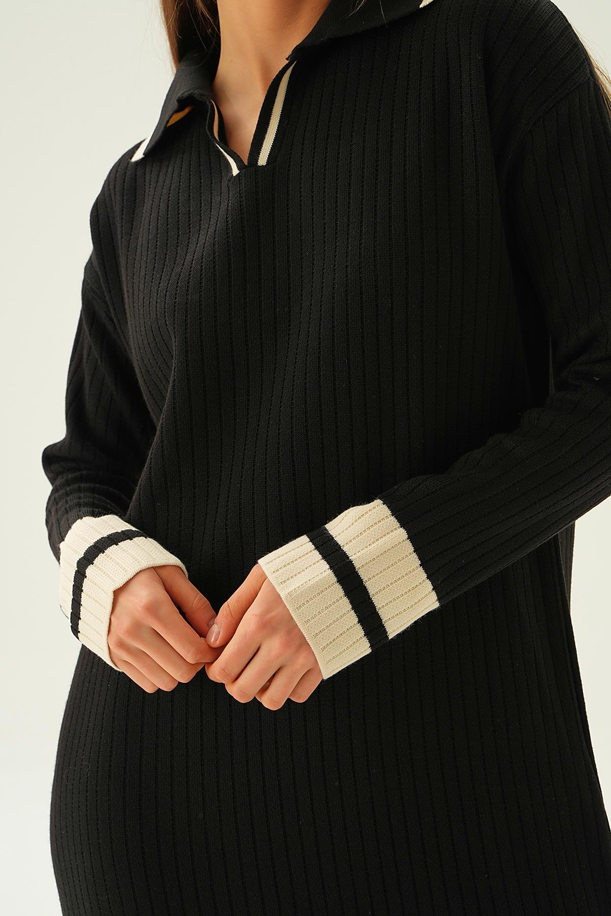 4665 Polo Yaka Triko Elbise Siyah - 6