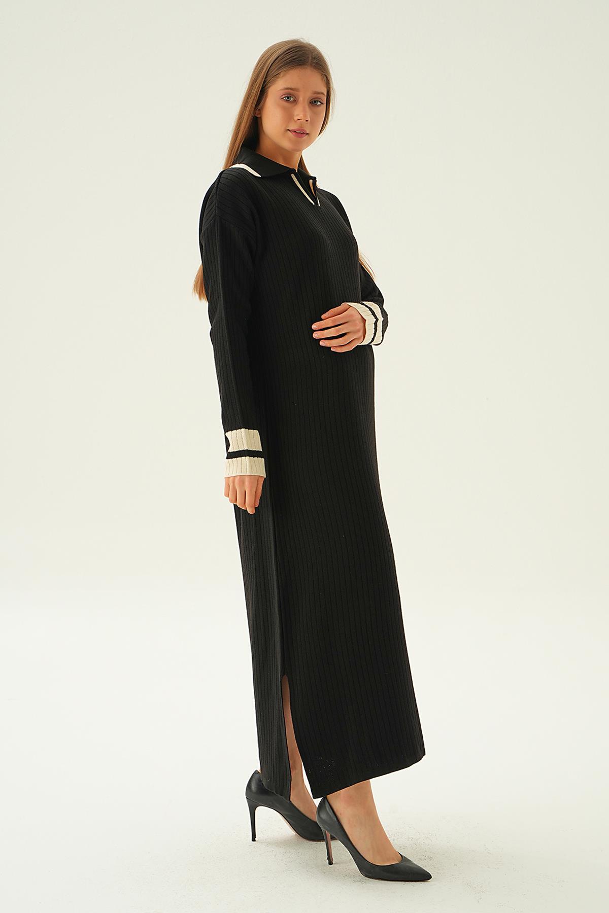 4665 Polo Yaka Triko Elbise Siyah - 4