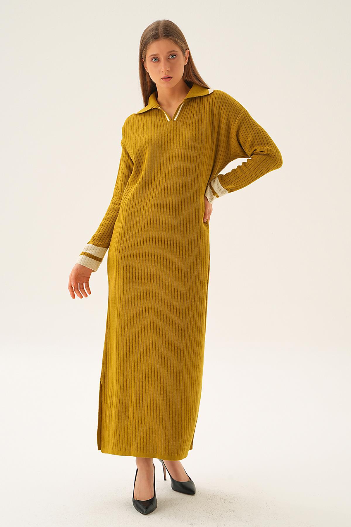 4665 Polo Yaka Triko Elbise Yağ Yeşili 