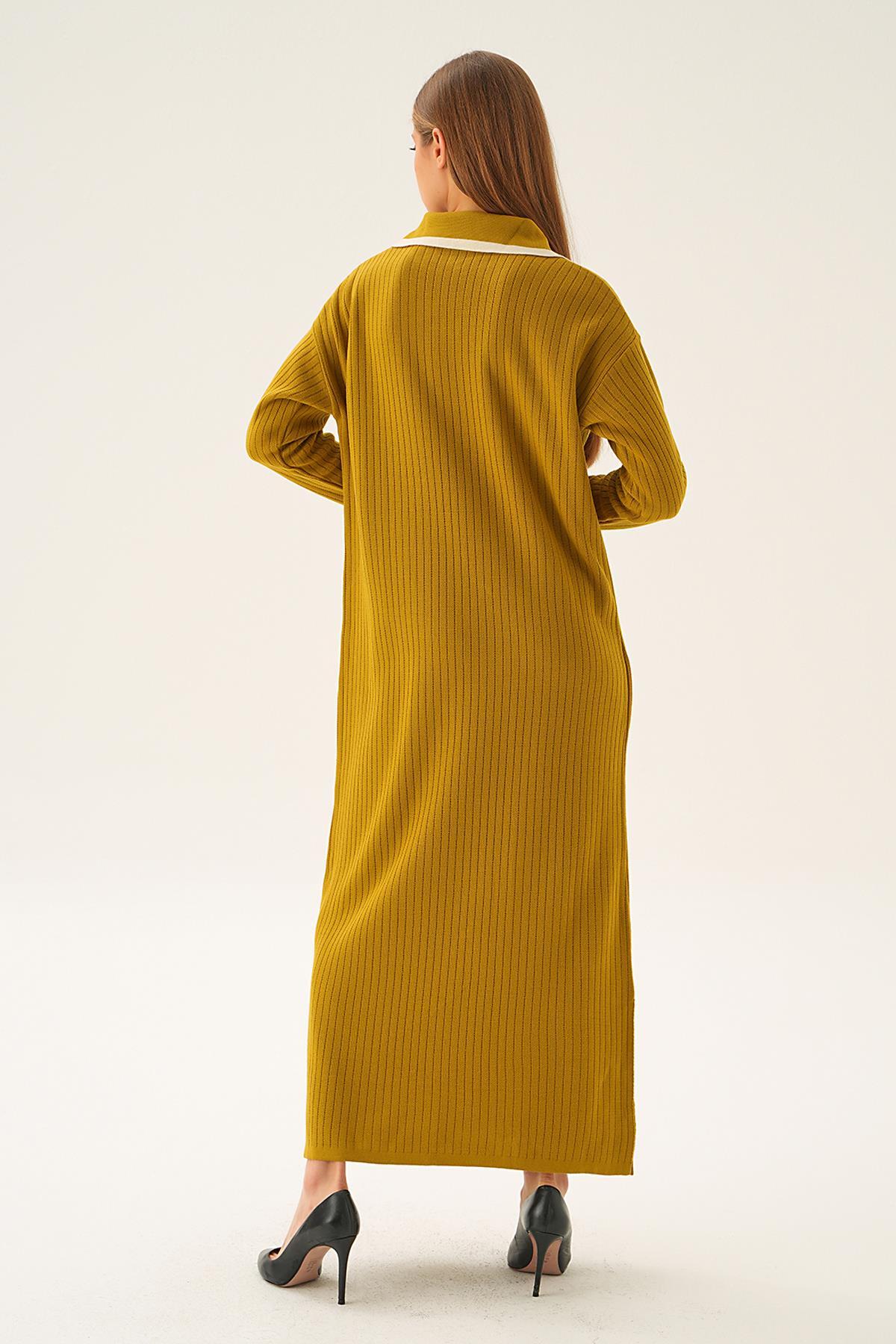 4665 Polo Yaka Triko Elbise Yağ Yeşili - 5